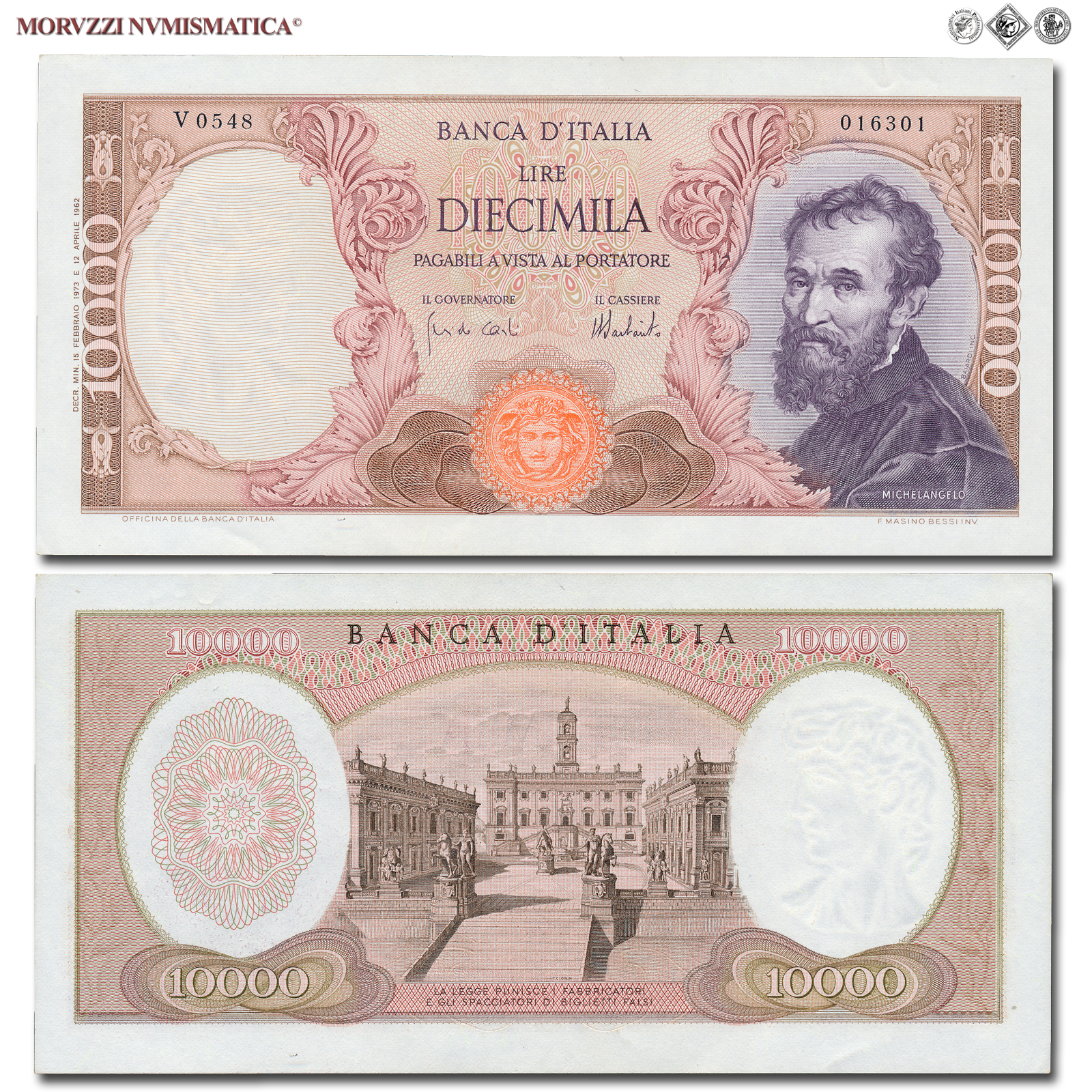 Repubblica Italiana, BANCA D'ITALIA, 10000 LIRE, 15.02.1973, Michelangelo, Firme: Carli, Barbarito, FDS, (Crapanzano 578) / banconote italiane (cartamoneta italiana - biglietti da collezione - banconota da 10.000 lire) | Moruzzi Numismatica