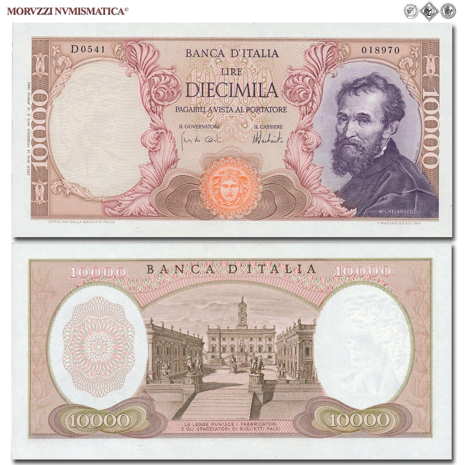 Repubblica Italiana, BANCA D'ITALIA, 10000 LIRE, 15.02.1973, Michelangelo, Firme: Carli, Barbarito, FDS, (Crapanzano 578) / banconote italiane (cartamoneta italiana - biglietti da collezione - banconota da 10.000 lire) | Moruzzi Numismatica