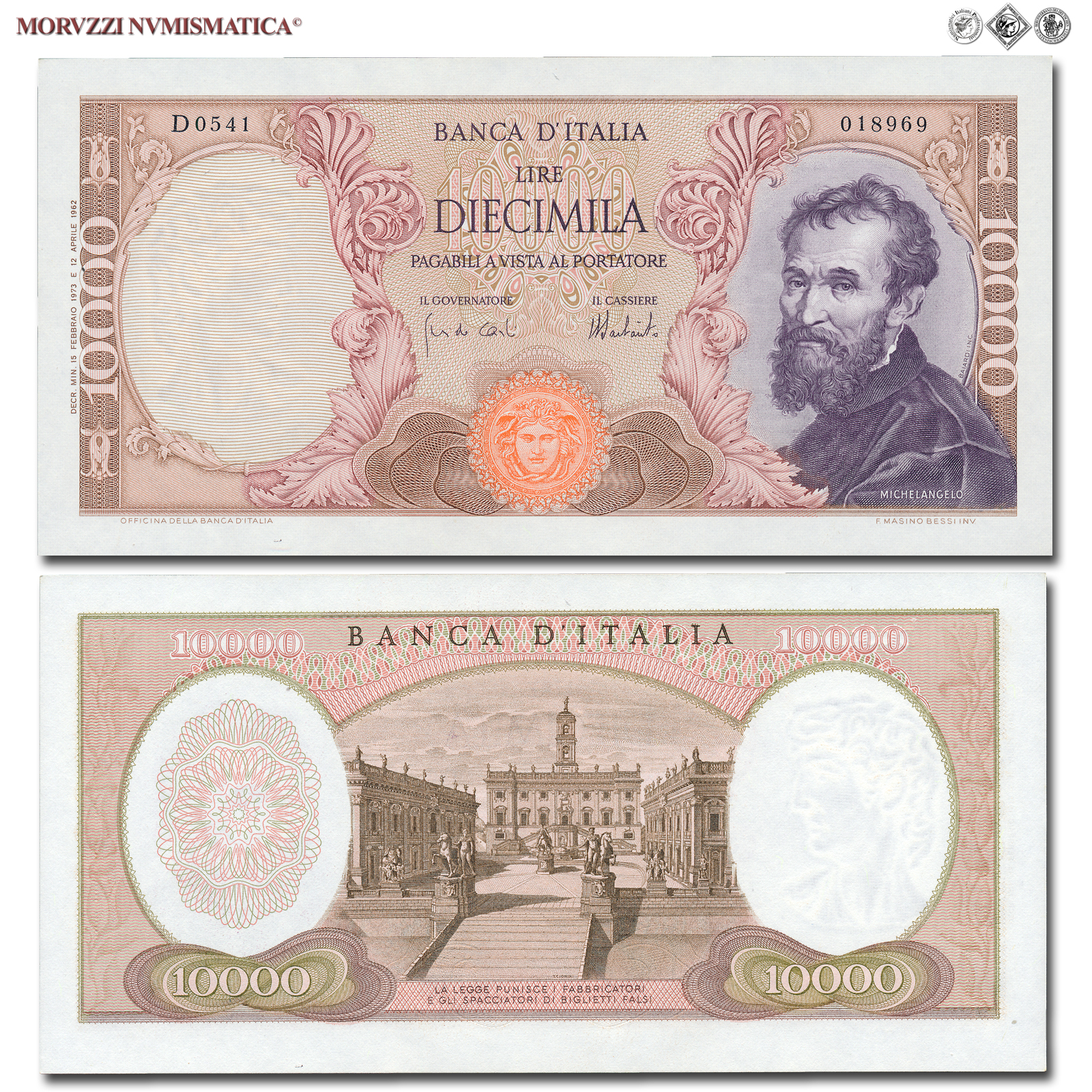 Repubblica Italiana, BANCA D'ITALIA, 10000 LIRE, 15.02.1973, Michelangelo, Firme: Carli, Barbarito, FDS, (Crapanzano 578) / banconote italiane (cartamoneta italiana - biglietti da collezione - banconota da 10.000 lire) | Moruzzi Numismatica