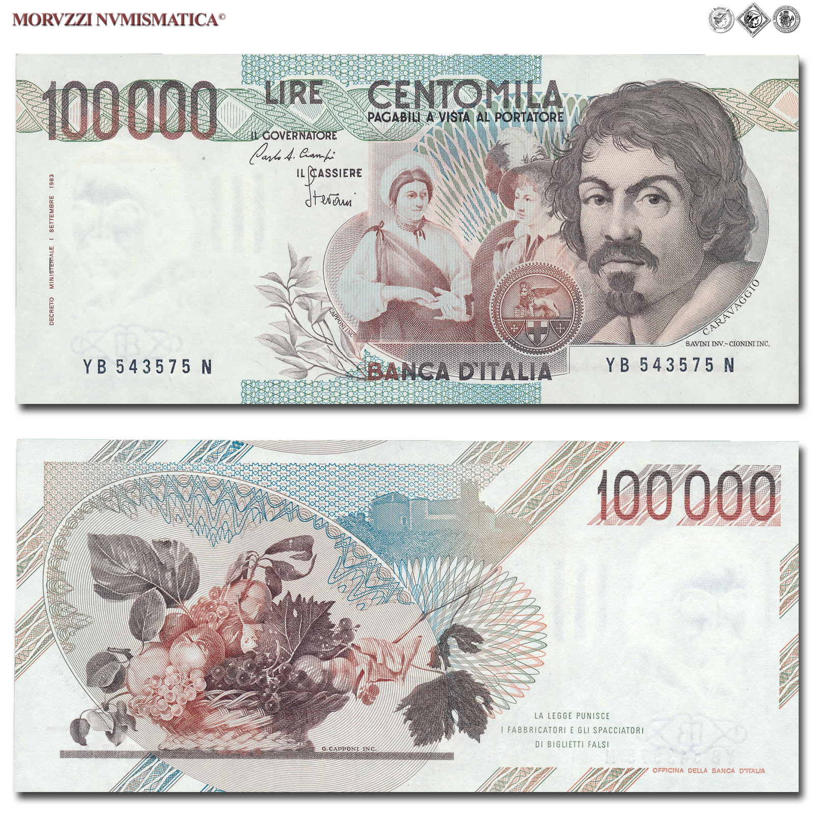 Repubblica Italiana, BANCA D'ITALIA, 100000 LIRE, 28.10.1985, Caravaggio I tipo - Serie B, Firme: Ciampi, Stevani, FDS, (Crapanzano 621) / banconote italiane (cartamoneta italiana da collezione - banconota da 100.000 lire) | Moruzzi Numismatica