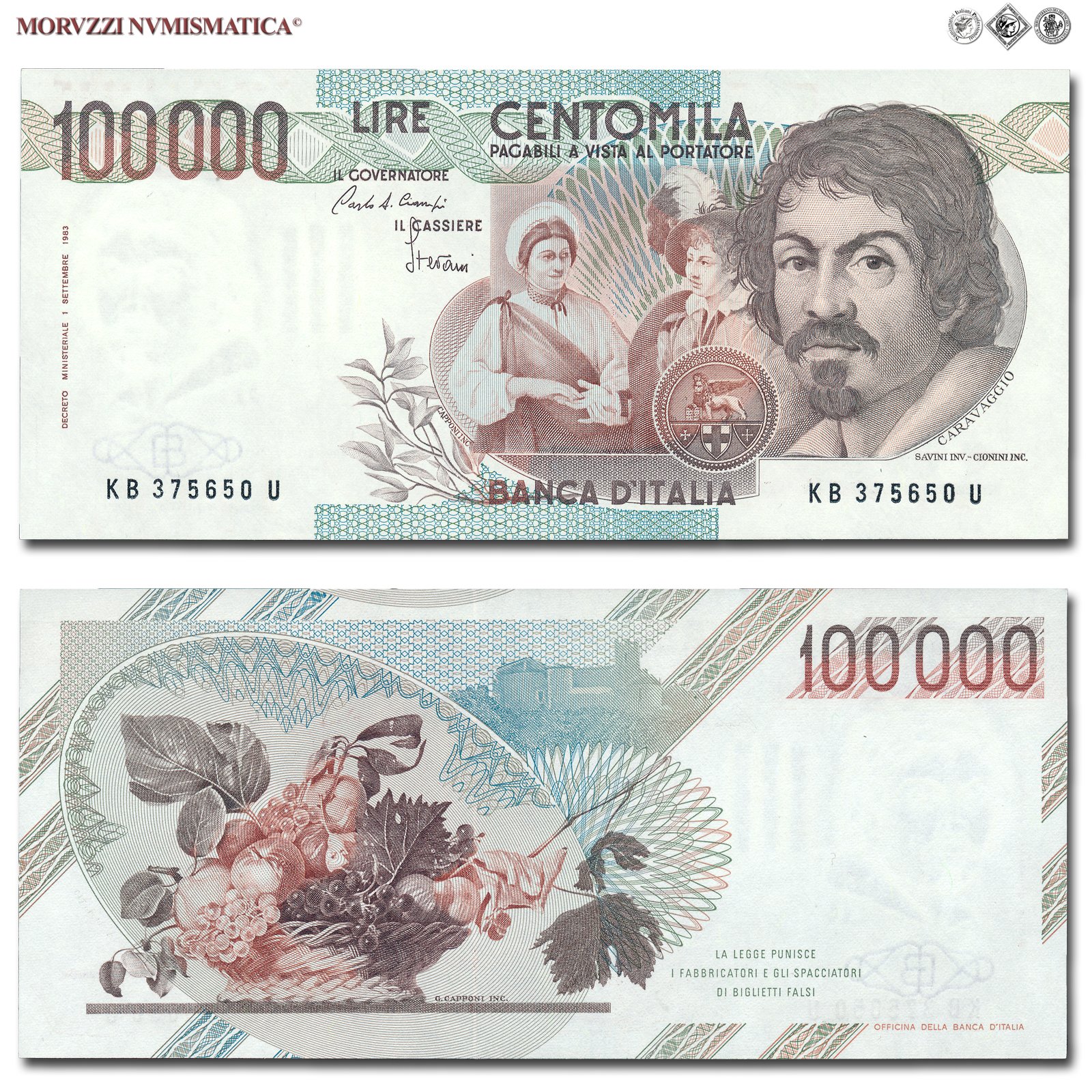 Repubblica Italiana, BANCA D'ITALIA, 100000 LIRE, 28.10.1985, Caravaggio I tipo - Serie B, Firme: Ciampi, Stevani, FDS, (Crapanzano 621) / banconote italiane (cartamoneta italiana da collezione - banconota da 100.000 lire) | Moruzzi Numismatica