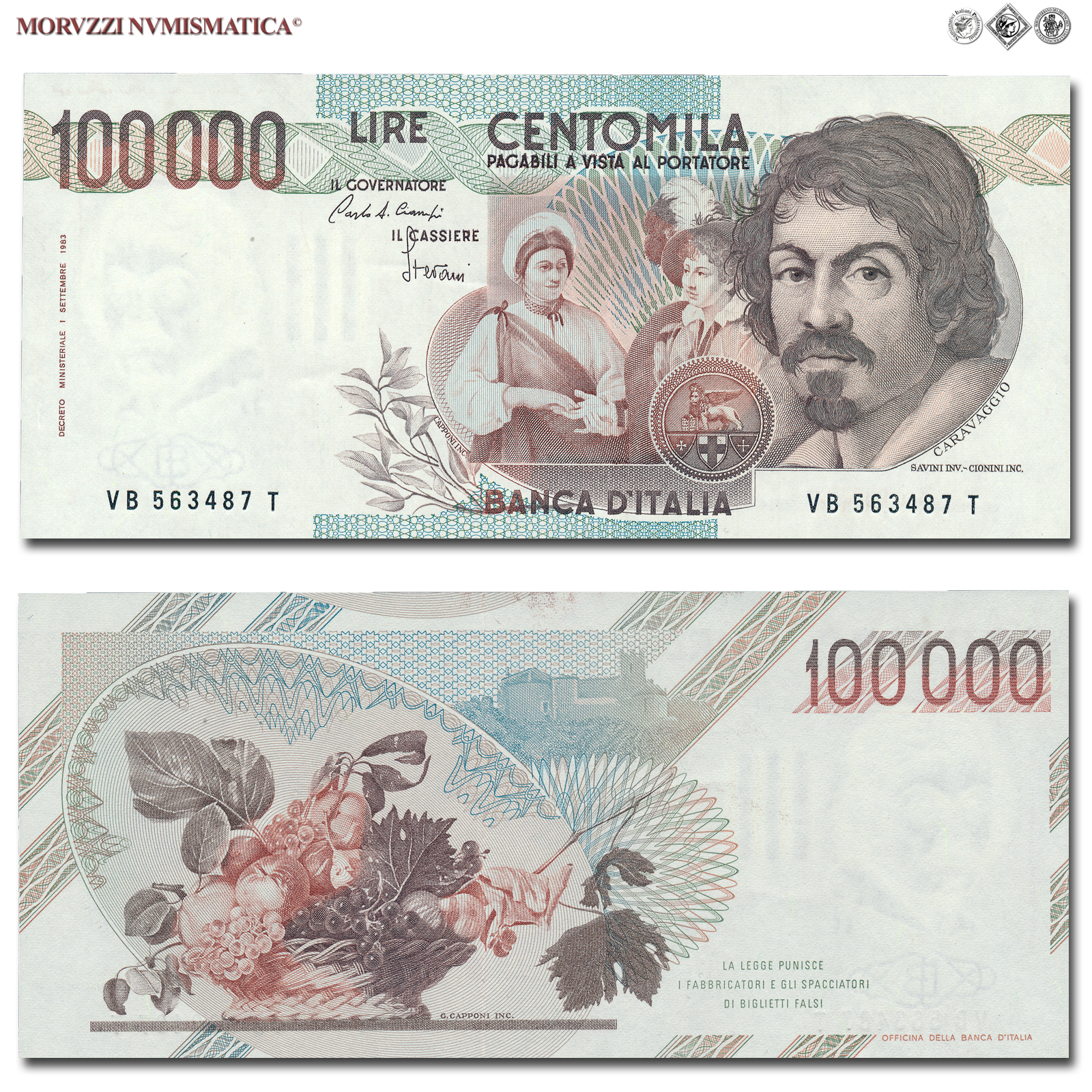 Repubblica Italiana, BANCA D'ITALIA, 100000 LIRE, 28.10.1985, Caravaggio I tipo - Serie B, Firme: Ciampi, Stevani, FDS, (Crapanzano 621) / banconote italiane (cartamoneta italiana da collezione - banconota da 100.000 lire) | Moruzzi Numismatica
