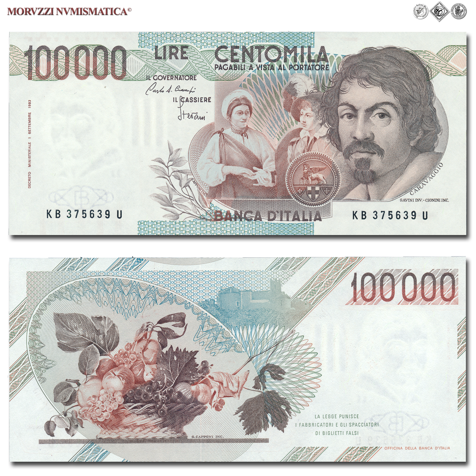 Repubblica Italiana, BANCA D'ITALIA, 100000 LIRE, 28.10.1985, Caravaggio I tipo - Serie B, Firme: Ciampi, Stevani, FDS, (Crapanzano 621) / banconote italiane (cartamoneta italiana da collezione - banconota da 100.000 lire) | Moruzzi Numismatica