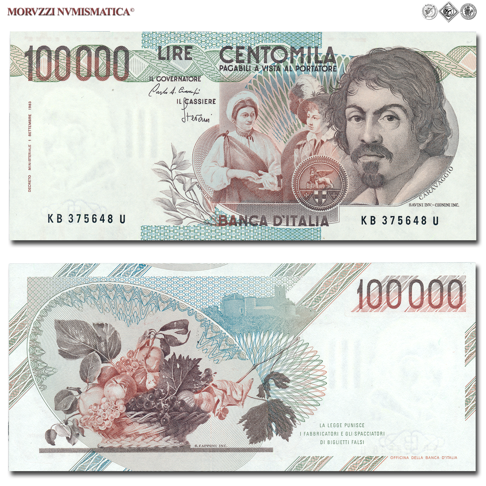 Repubblica Italiana, BANCA D'ITALIA, 100000 LIRE, 28.10.1985, Caravaggio I tipo - Serie B, Firme: Ciampi, Stevani, FDS, (Crapanzano 621) / banconote italiane (cartamoneta italiana da collezione - banconota da 100.000 lire) | Moruzzi Numismatica
