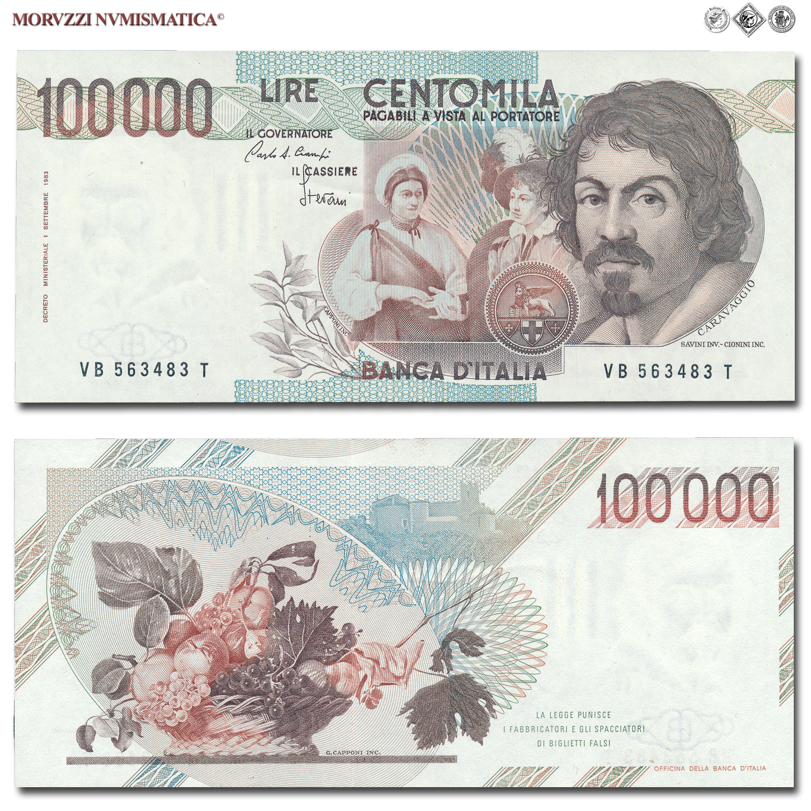Repubblica Italiana, BANCA D'ITALIA, 100000 LIRE, 28.10.1985, Caravaggio I tipo - Serie B, Firme: Ciampi, Stevani, FDS, (Crapanzano 621) / banconote italiane (cartamoneta italiana da collezione - banconota da 100.000 lire) | Moruzzi Numismatica