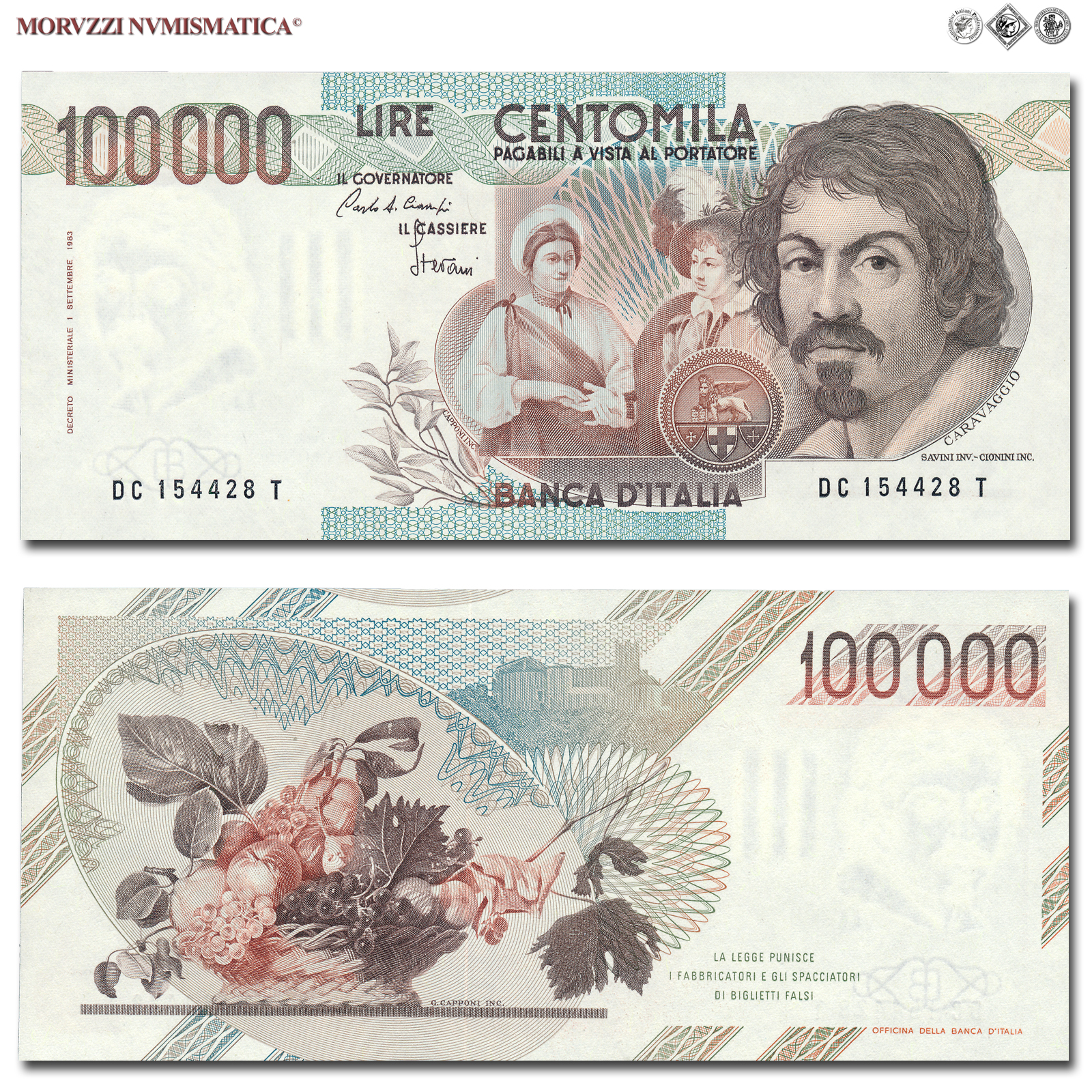 Repubblica Italiana, BANCA D'ITALIA, 100000 LIRE, 01.12.1986, Caravaggio I tipo - Serie C, Firme: Ciampi, Stevani, FDS, (Crapanzano 622) / banconote italiane (cartamoneta italiana da collezione - banconota da 100.000 lire) | Moruzzi Numismatica