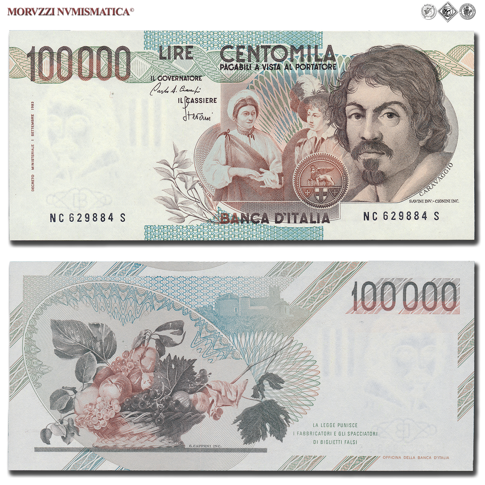 Repubblica Italiana, BANCA D'ITALIA, 100000 LIRE, 01.12.1986, Caravaggio I tipo - Serie C, Firme: Ciampi, Stevani, FDS, (Crapanzano 622) / banconote italiane (cartamoneta italiana da collezione - banconota da 100.000 lire) | Moruzzi Numismatica