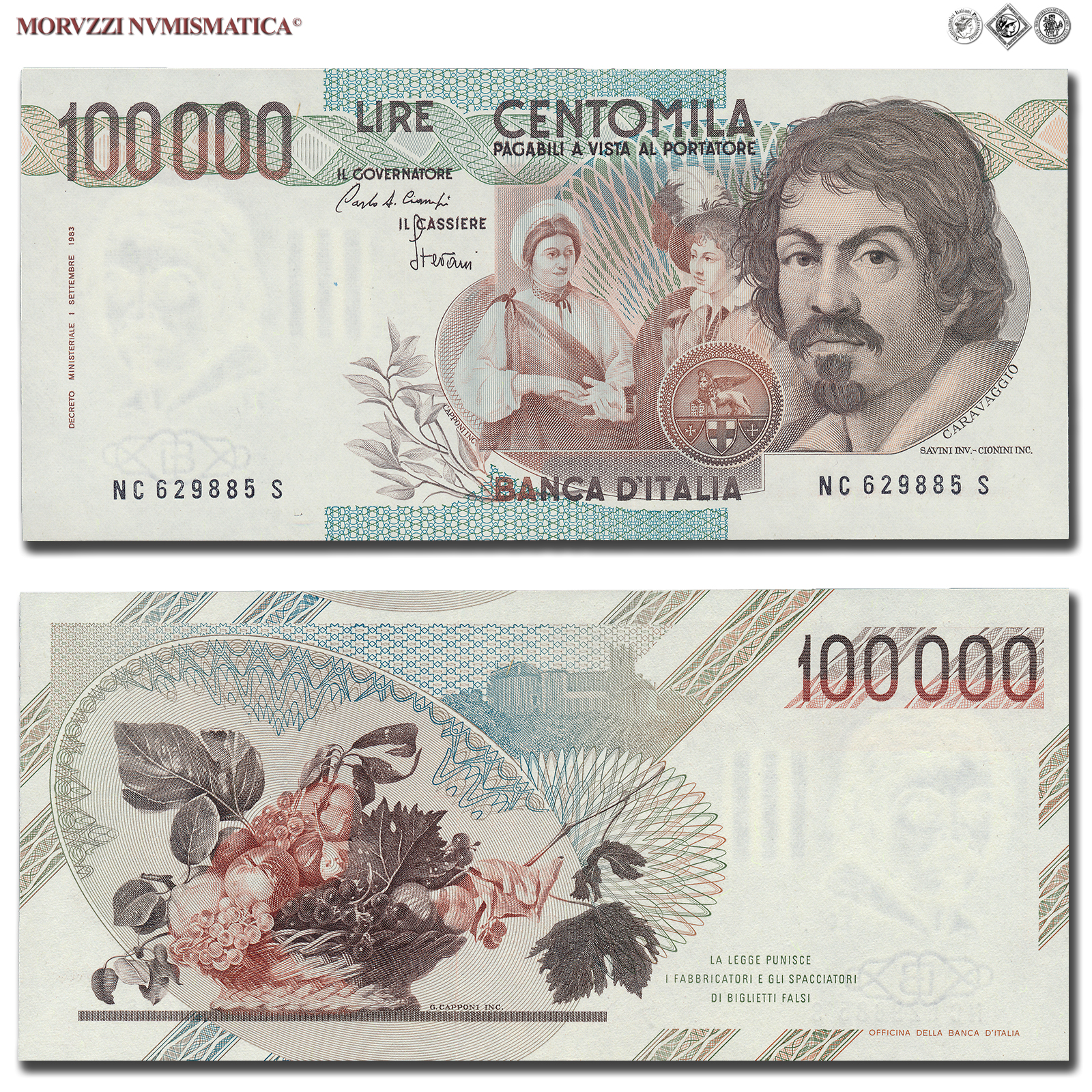 Repubblica Italiana, BANCA D'ITALIA, 100000 LIRE, 01.12.1986, Caravaggio I tipo - Serie C, Firme: Ciampi, Stevani, FDS, (Crapanzano 622) / banconote italiane (cartamoneta italiana da collezione - banconota da 100.000 lire) | Moruzzi Numismatica
