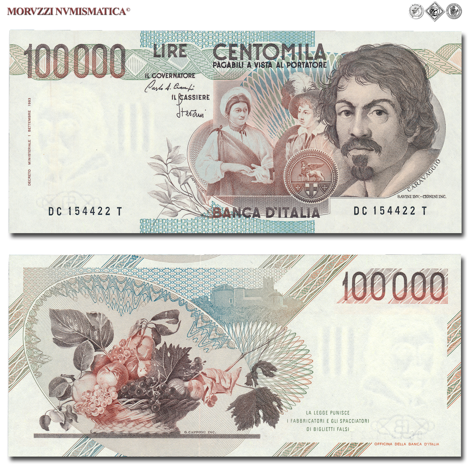 Repubblica Italiana, BANCA D'ITALIA, 100000 LIRE, 01.12.1986, Caravaggio I tipo - Serie C, Firme: Ciampi, Stevani, FDS, (Crapanzano 622) / banconote italiane (cartamoneta italiana da collezione - banconota da 100.000 lire) | Moruzzi Numismatica
