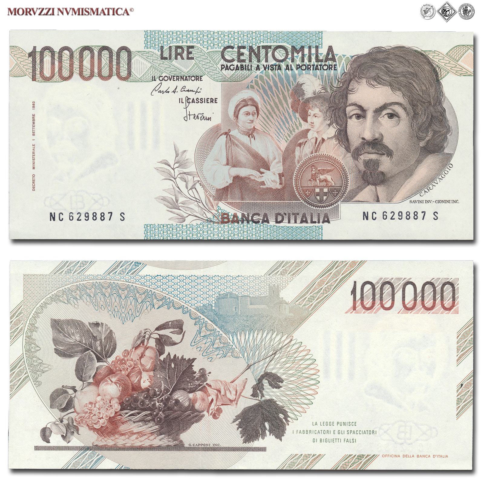 Repubblica Italiana, BANCA D'ITALIA, 100000 LIRE, 01.12.1986, Caravaggio I tipo - Serie C, Firme: Ciampi, Stevani, FDS, (Crapanzano 622) / banconote italiane (cartamoneta italiana da collezione - banconota da 100.000 lire) | Moruzzi Numismatica