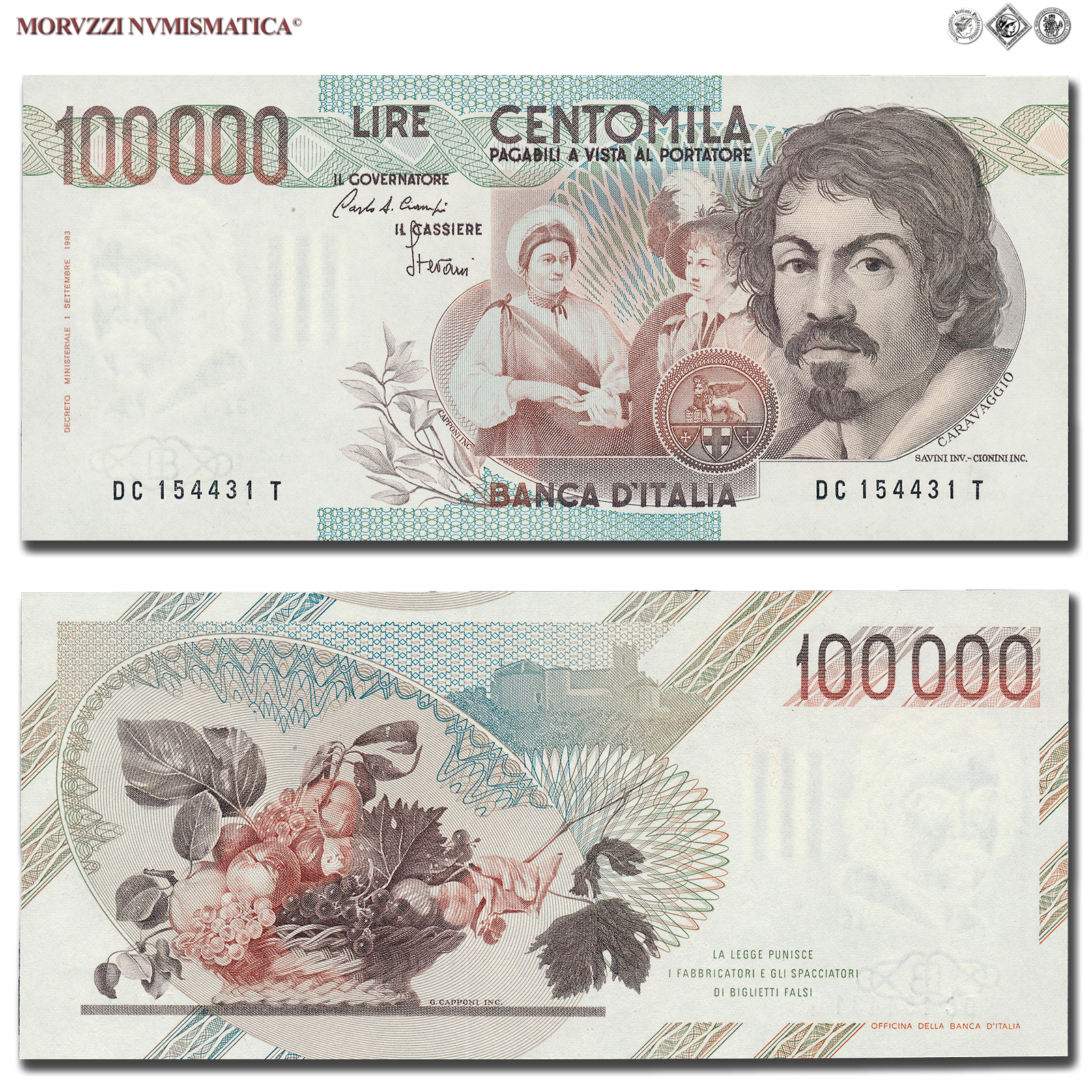 Repubblica Italiana, BANCA D'ITALIA, 100000 LIRE, 01.12.1986, Caravaggio I tipo - Serie C, Firme: Ciampi, Stevani, FDS, (Crapanzano 622) / banconote italiane (cartamoneta italiana da collezione - banconota da 100.000 lire) | Moruzzi Numismatica