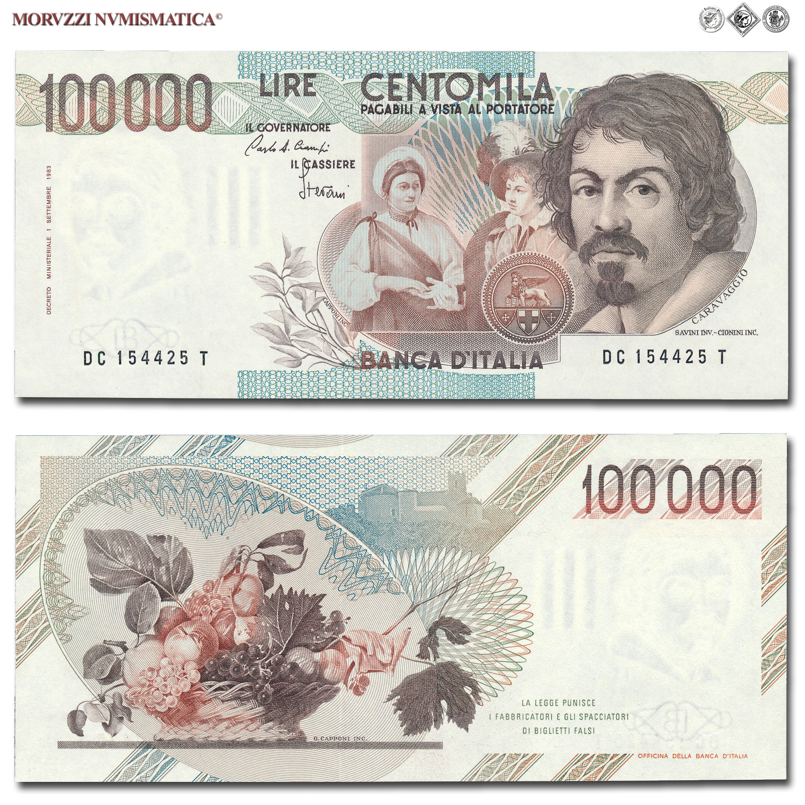 Repubblica Italiana, BANCA D'ITALIA, 100000 LIRE, 01.12.1986, Caravaggio I tipo - Serie C, Firme: Ciampi, Stevani, FDS, (Crapanzano 622) / banconote italiane (cartamoneta italiana da collezione - banconota da 100.000 lire) | Moruzzi Numismatica