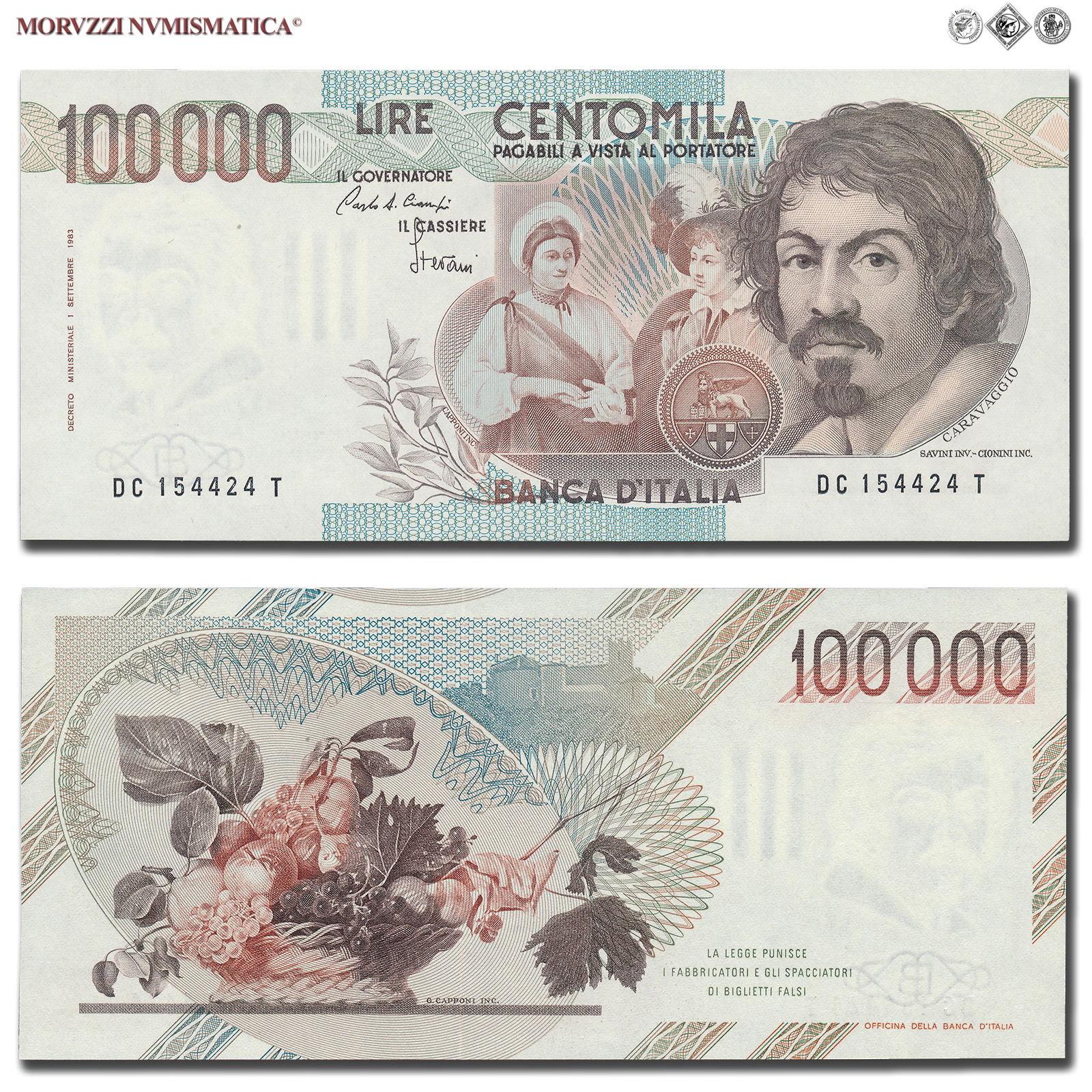 Repubblica Italiana, BANCA D'ITALIA, 100000 LIRE, 01.12.1986, Caravaggio I tipo - Serie C, Firme: Ciampi, Stevani, FDS, (Crapanzano 622) / banconote italiane (cartamoneta italiana da collezione - banconota da 100.000 lire) | Moruzzi Numismatica