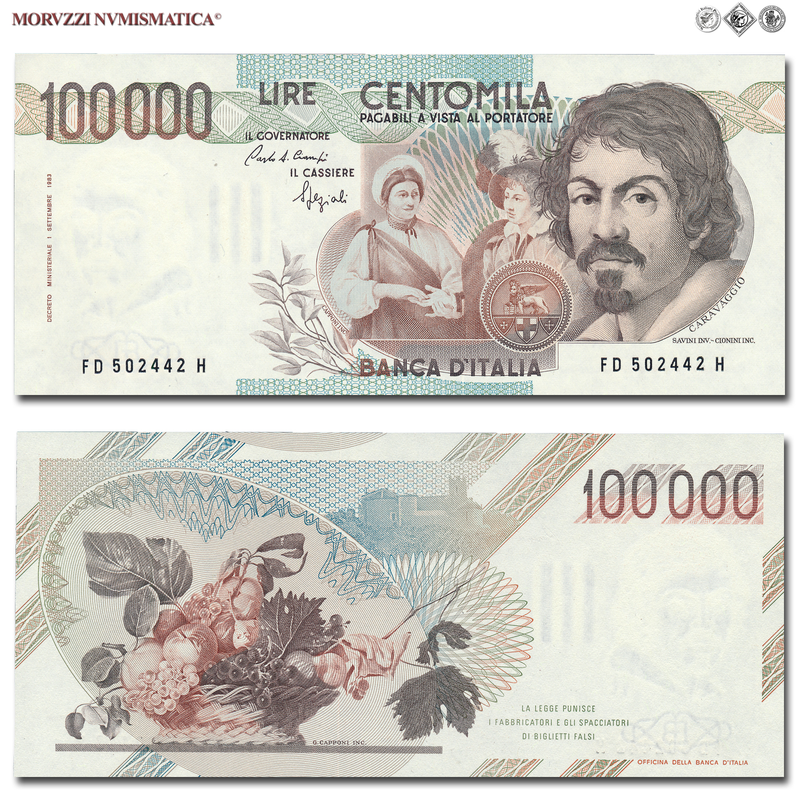 Repubblica Italiana, BANCA D'ITALIA, 100000 LIRE, 25.01.1990, Caravaggio I tipo - Serie D, Firme: Ciampi, Speziali, FDS, (Crapanzano 623) / banconote italiane (cartamoneta italiana da collezione - banconota da 100.000 lire) | Moruzzi Numismatica