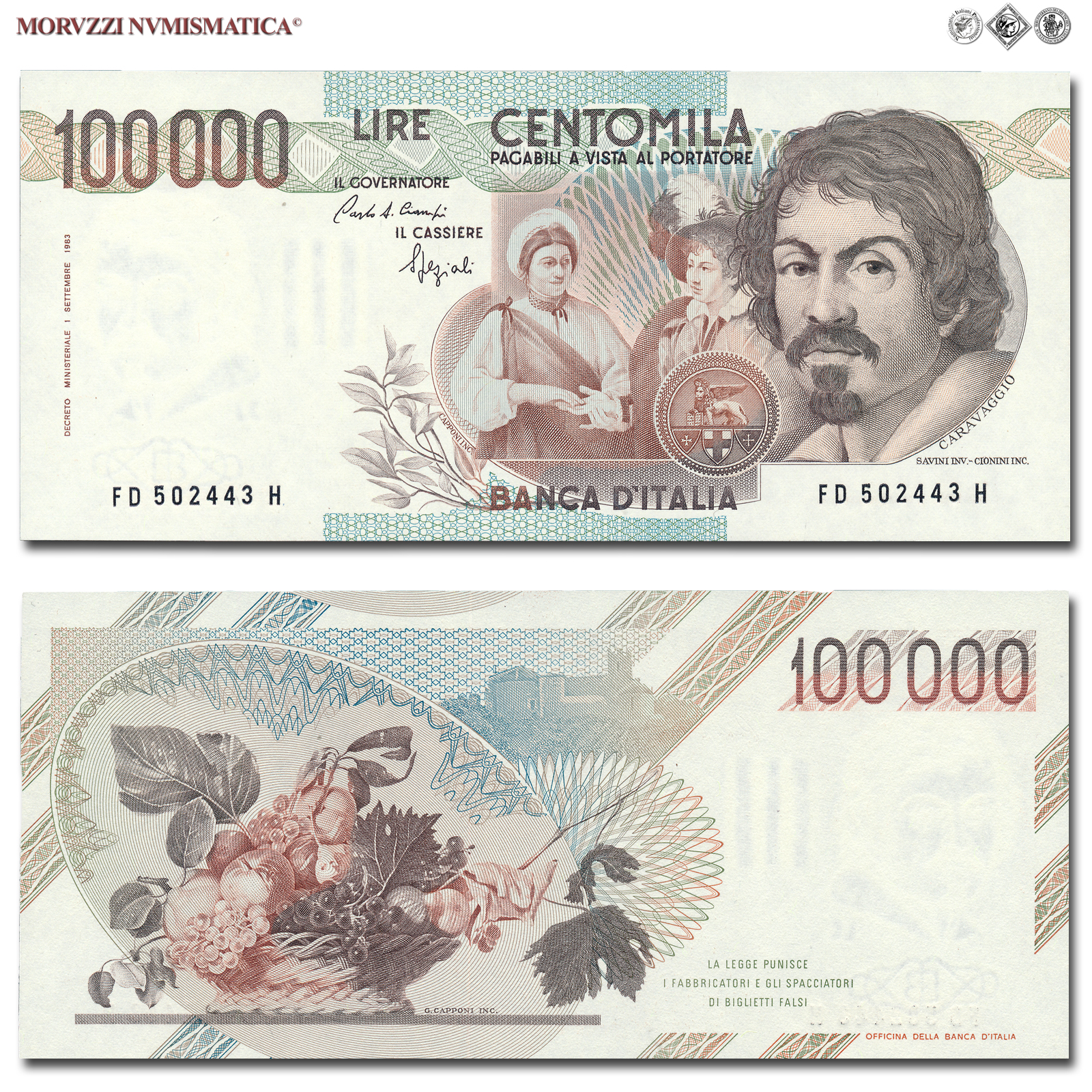 Repubblica Italiana, BANCA D'ITALIA, 100000 LIRE, 25.01.1990, Caravaggio I tipo - Serie D, Firme: Ciampi, Speziali, FDS, (Crapanzano 623) / banconote italiane (cartamoneta italiana da collezione - banconota da 100.000 lire) | Moruzzi Numismatica