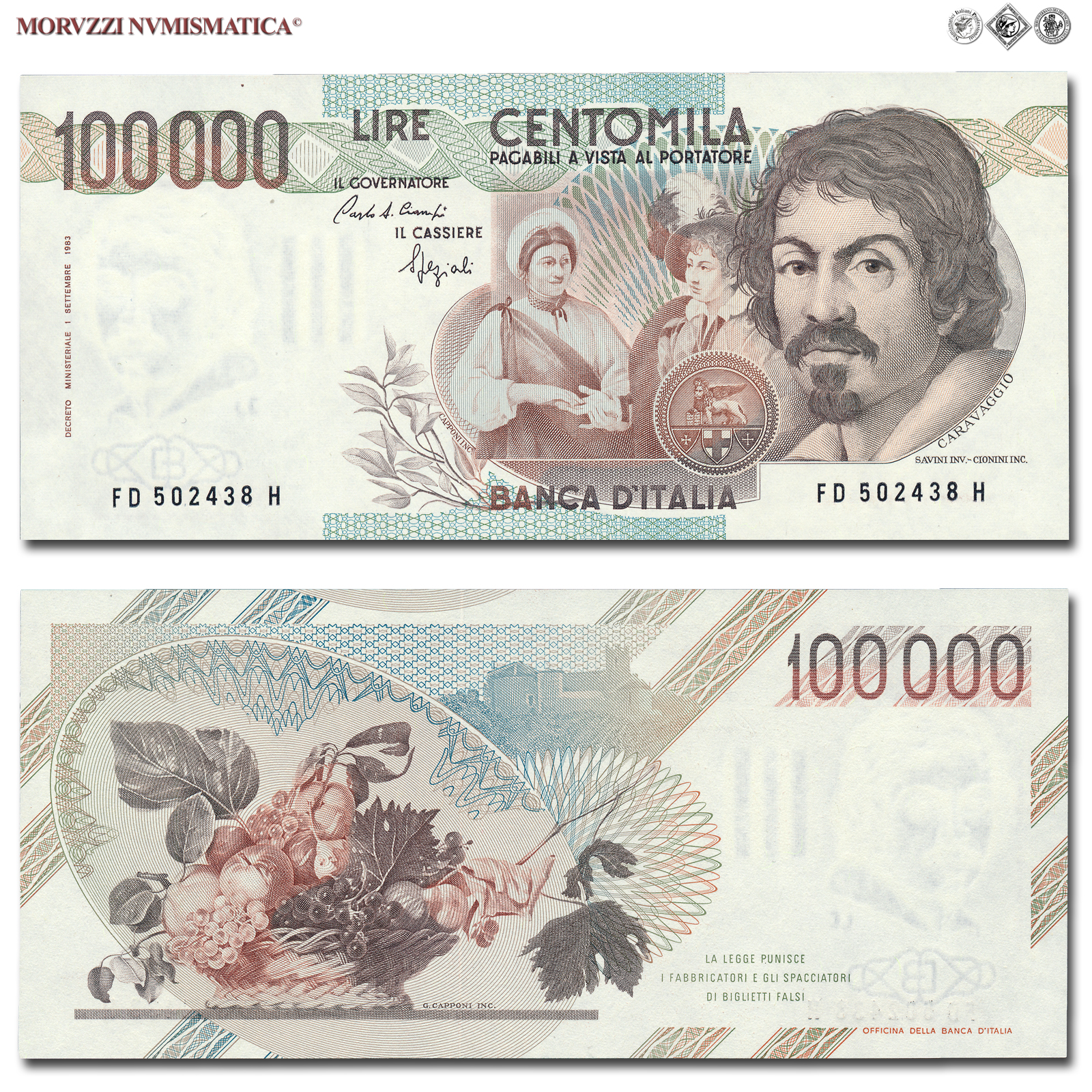 Repubblica Italiana, BANCA D'ITALIA, 100000 LIRE, 25.01.1990, Caravaggio I tipo - Serie D, Firme: Ciampi, Speziali, FDS, (Crapanzano 623) / banconote italiane (cartamoneta italiana da collezione - banconota da 100.000 lire) | Moruzzi Numismatica