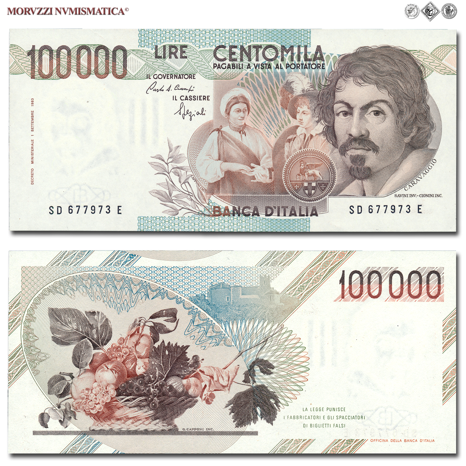 Repubblica Italiana, BANCA D'ITALIA, 100000 LIRE, 25.01.1990, Caravaggio I tipo - Serie D, Firme: Ciampi, Speziali, FDS, (Crapanzano 623) / banconote italiane (cartamoneta italiana da collezione - banconota da 100.000 lire) | Moruzzi Numismatica