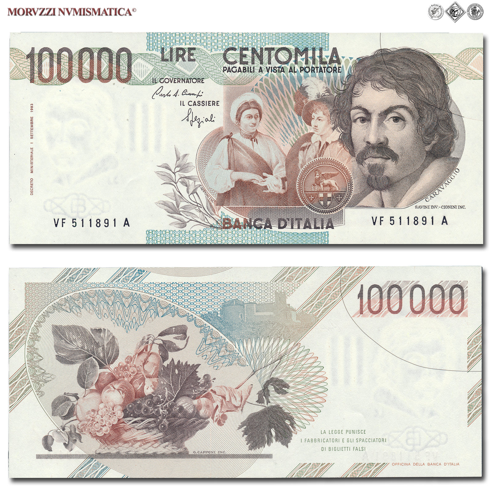Repubblica Italiana, BANCA D'ITALIA, 100000 LIRE, 10.03.1993, Caravaggio I tipo - Serie F, Firme: Ciampi, Speziali, FDS, (Crapanzano 625) / banconote italiane (cartamoneta italiana da collezione - banconota da 100.000 lire) | Moruzzi Numismatica