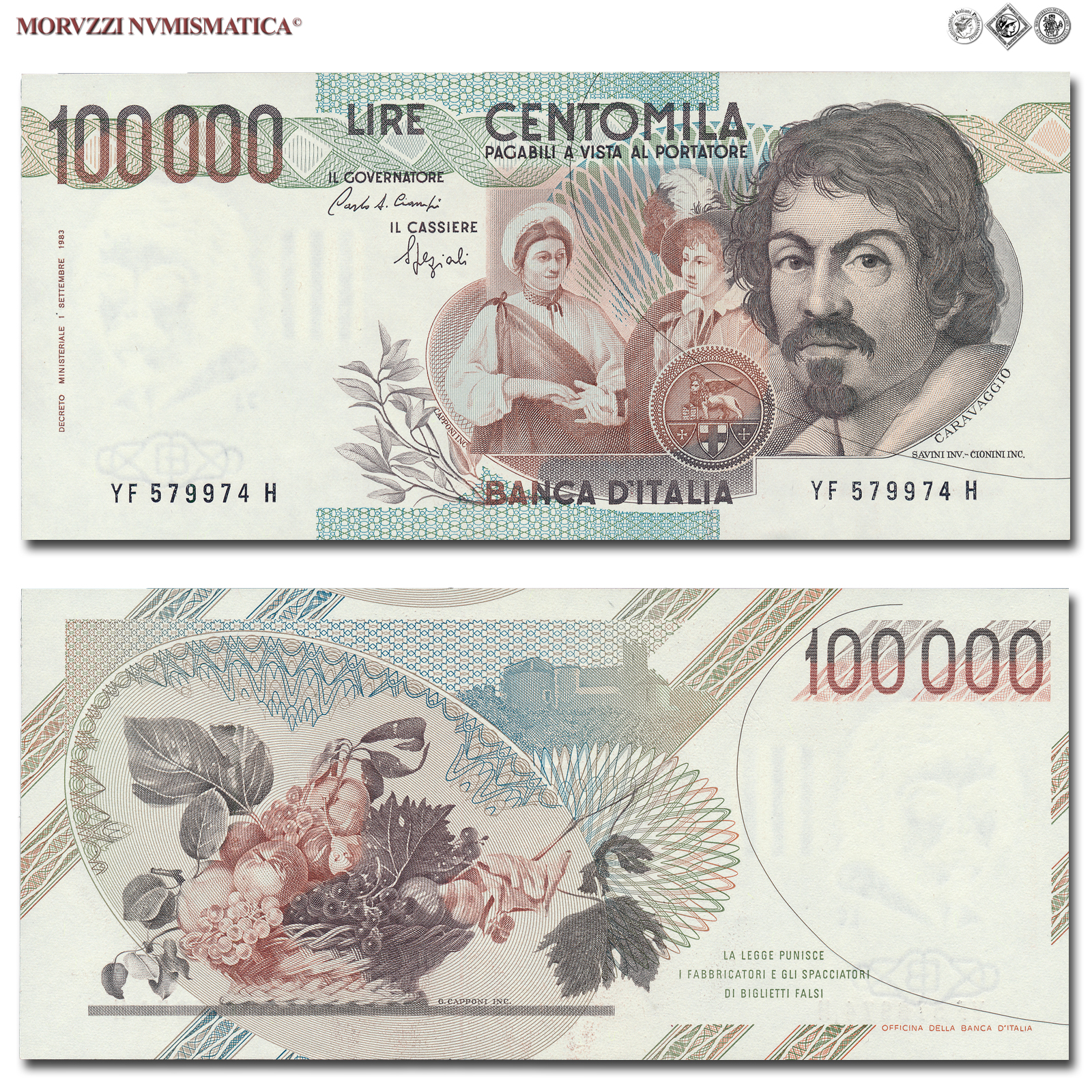 Repubblica Italiana, BANCA D'ITALIA, 100000 LIRE, 10.03.1993, Caravaggio I tipo - Serie F, Firme: Ciampi, Speziali, FDS, (Crapanzano 625) / banconote italiane (cartamoneta italiana da collezione - banconota da 100.000 lire) | Moruzzi Numismatica