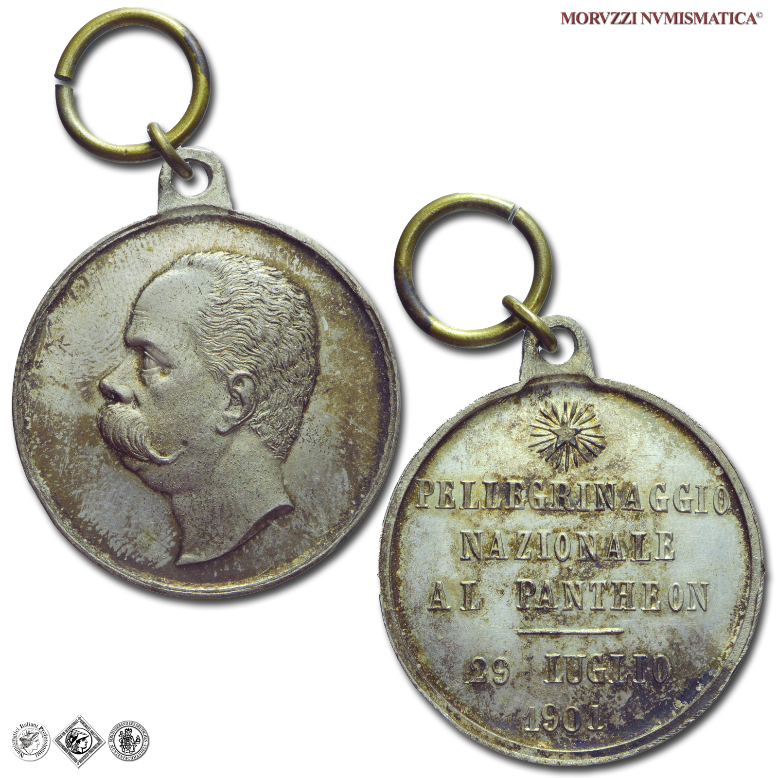 Regno d'Italia, UMBERTO I, MEDAGLIA IN BRONZO ARGENTATO, 1901, Pellegrinaggio Nazionale al Pantheon 29-07-1901, FDC / medaglie italiane commemorative di Casa Savoia | Moruzzi Numismatica