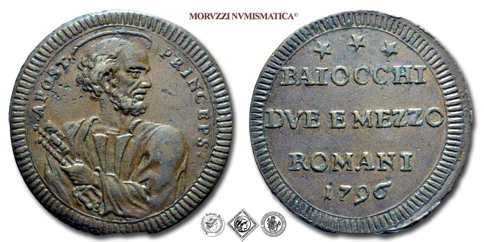Stato Pontificio, PIO VI, Braschi, SANPIETRINO, 1796, APOST • PRINCEPS • busto di San Pietro / *** / BAIOCCHI / DVE E MEZZO / ROMANI / 1796 iscrizione su quattro righe, Zecca di Roma, BRONZO, qSPL, (R), (Muntoni 98) / monete papali rare | Moruzzi Numismatica