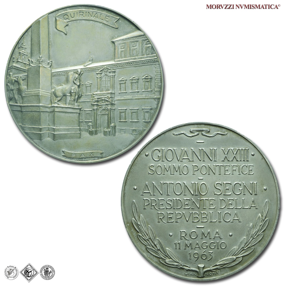 Città del Vaticano, GIOVANNI XXIII, Roncalli, MEDAGLIA STRAORDINARIA IN ARGENTO, 1963, Visita al Presidente Segni, Opus Francesco Giannone, FDC, (RR), (Modesti 276) / medaglie papali pontificie straordinarie rare d'argento | Moruzzi Numismatica