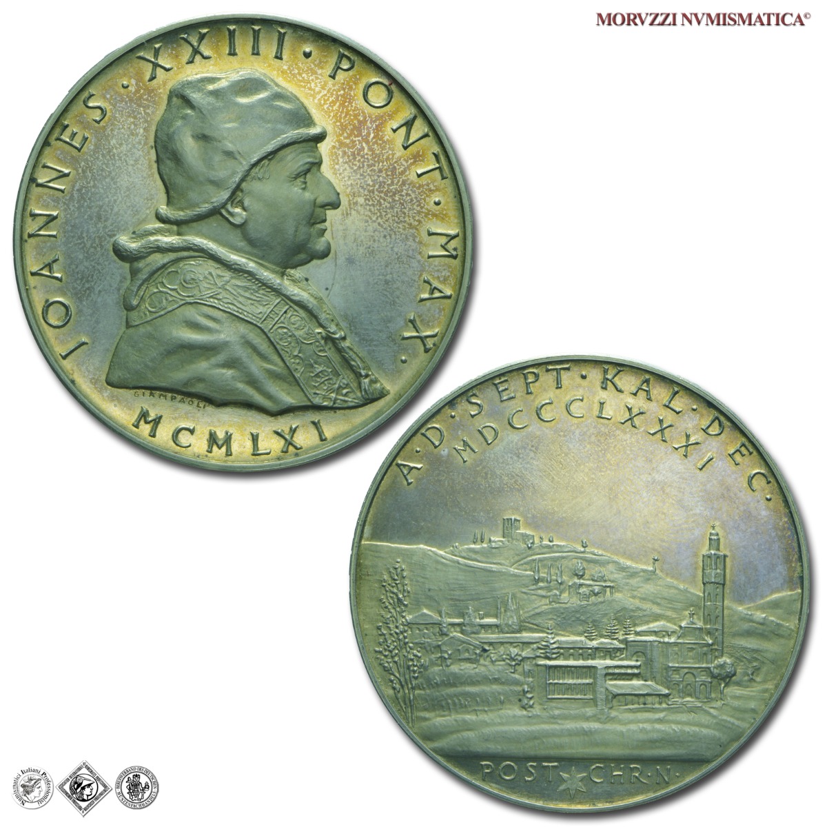 Città del Vaticano, GIOVANNI XXIII, Roncalli, MEDAGLIA STRAORDIANARIA IN ARGENTO, Per l'80° genetliaco del Pontefice, 1961, Opus Pietro Giampaoli, FDC, (R), (Modesti 137) / medaglie papali pontificie straordinarie rare d'argento | Moruzzi Numismatica