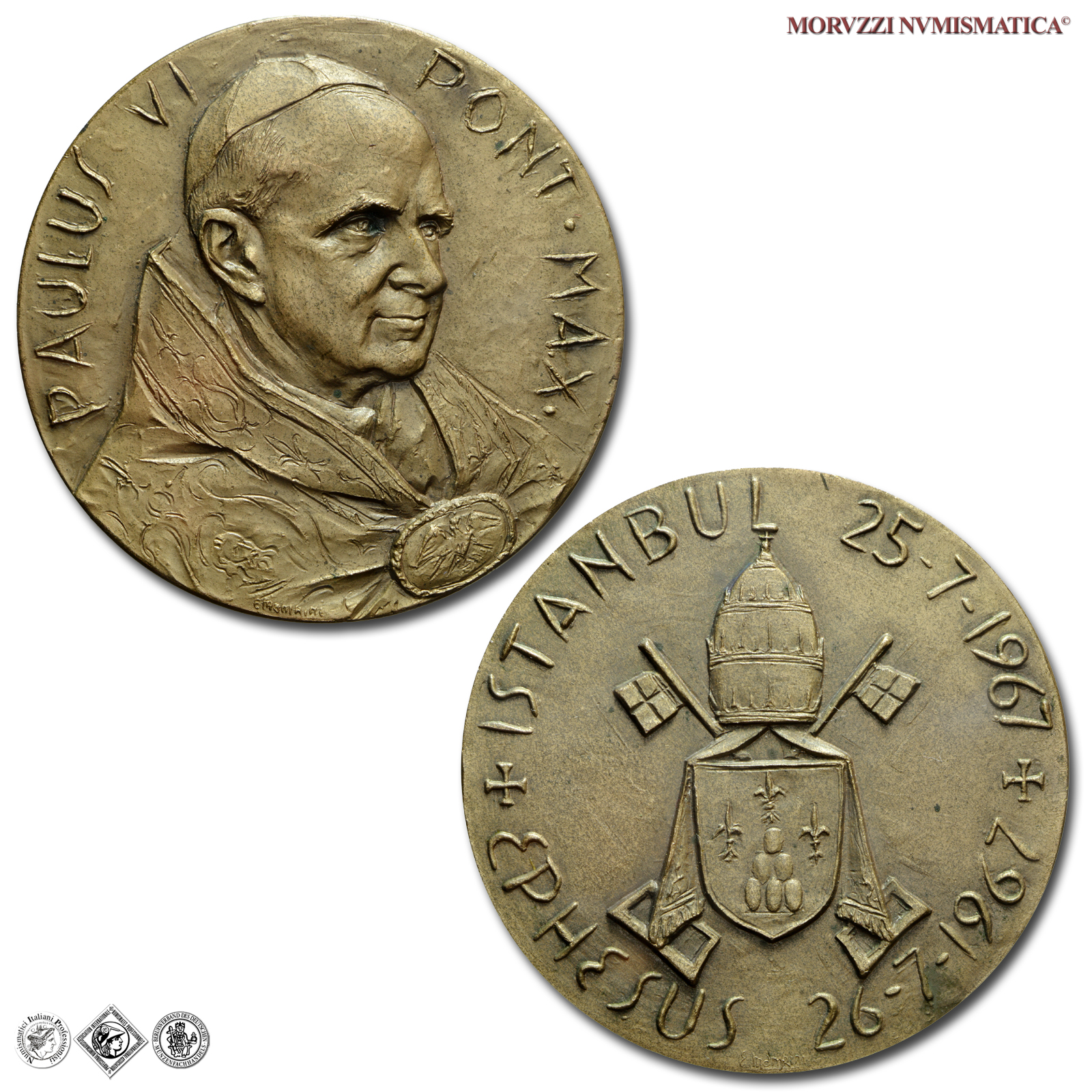 Città del Vaticano, PAOLO VI, Montini, MEDAGLIA STRAORDINARIA IN BRONZO, 1967, Viaggio in Turchia 25-07-1967, Opus Enrico Manfrini, FDC, (RR), (MM 229) / medaglie papali straordinarie rare (medaglie pontificie da collezione) | Moruzzi Numismatica