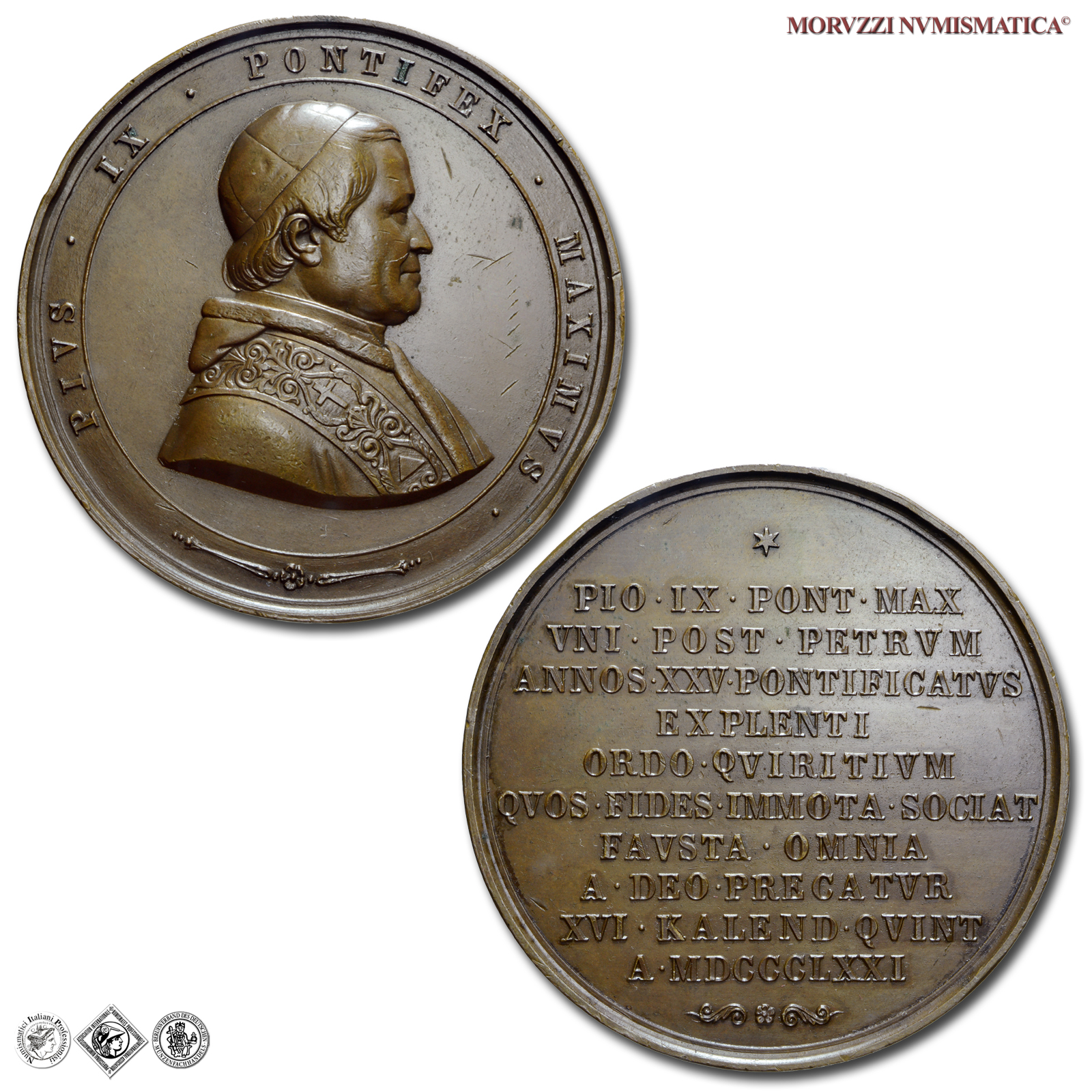 Stato Pontificio, PIO IX, Mastai Ferretti, MEDAGLIA ANNUALE IN BRONZO, 1871, XXV anno di Pontificato, qSPL, (R), (Bartolotti XXVI-1) / medaglie papali rare (medaglie pontificie annuali) | Moruzzi Numismatica