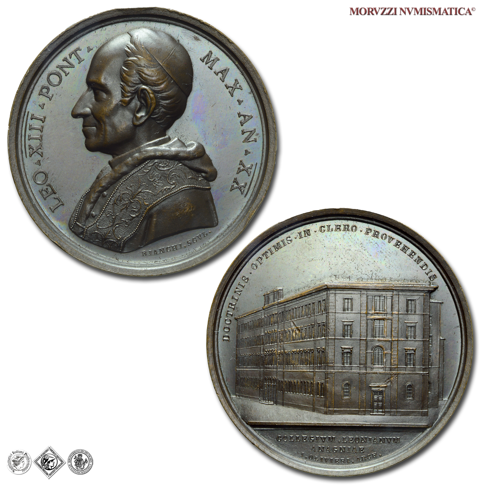 Stato Pontificio, LEONE XIII, Pecci, MEDAGLIA ANNUALE IN BRONZO, 1897 AN XX, Fondazione del Collegio Leoniano di Anagni, Opus Francesco Bianchi, qFDC, (NC), (Bartolotti E897) / medaglie papali annuali (medaglie pontificie da collezione) | Moruzzi Numismatica