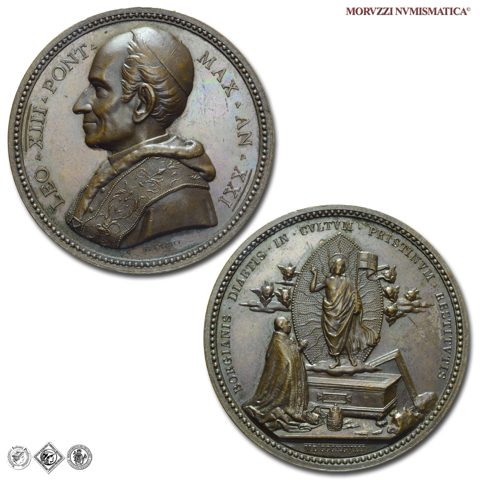 Stato Pontificio, LEONE XIII, Pecci, MEDAGLIA ANNUALE IN BRONZO, 1898 AN XXI, Restauro delle Aule Borgiane, Opus Francesco Bianchi, qFDC, (R), (Bartolotti E898) / medaglie papali annuali rare (medaglie pontificie da collezione) | Moruzzi Numismatica