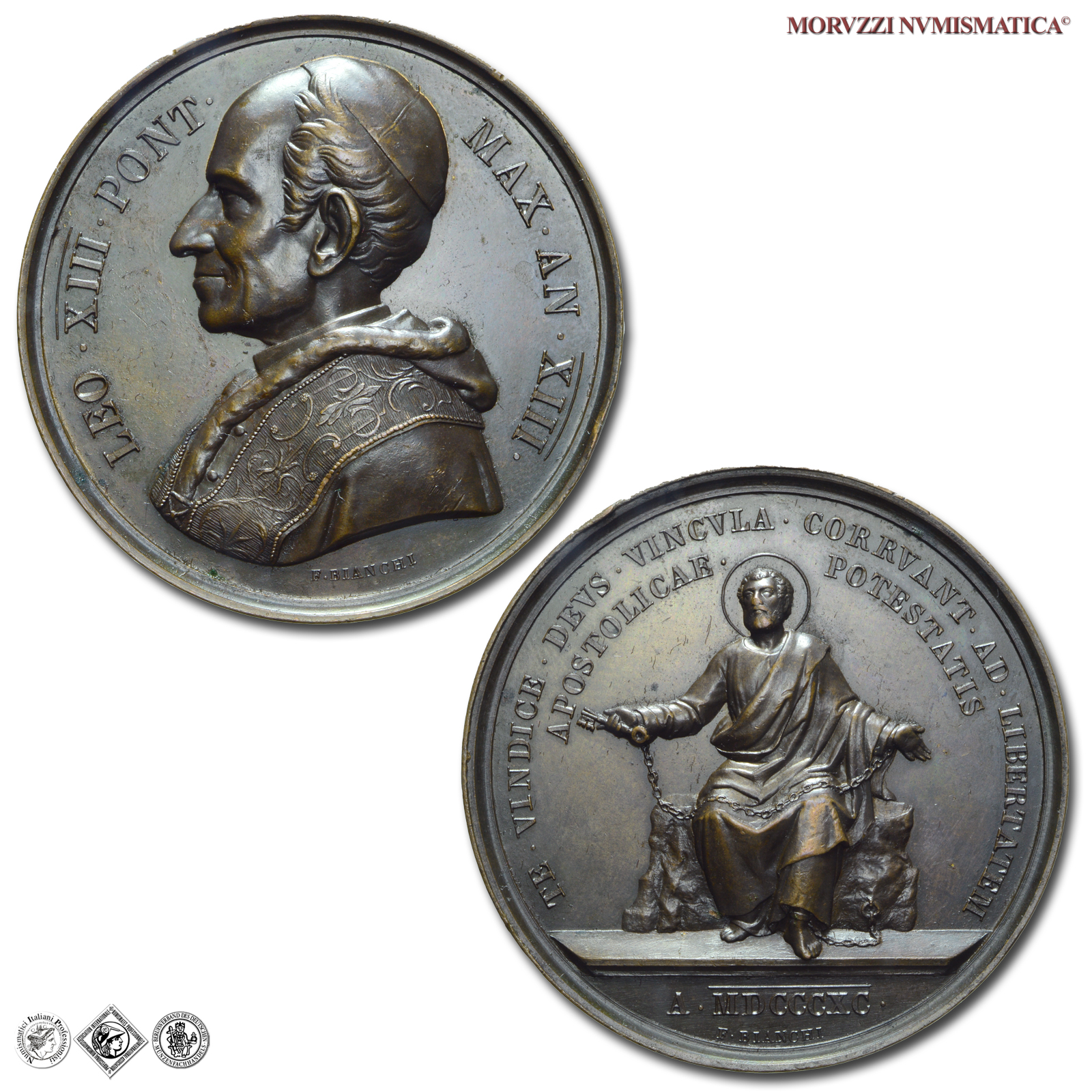 Stato Pontificio, LEONE XIII, Pecci, MEDAGLIA ANNUALE IN BRONZO, 1890 AN XIII, Libertà del Ministero Apostolico, Opus Francesco Bianchi, SPL, (R), (Bartolotti E890) / medaglie papali annuali rare (medaglie pontificie da collezione) | Moruzzi Numismatica