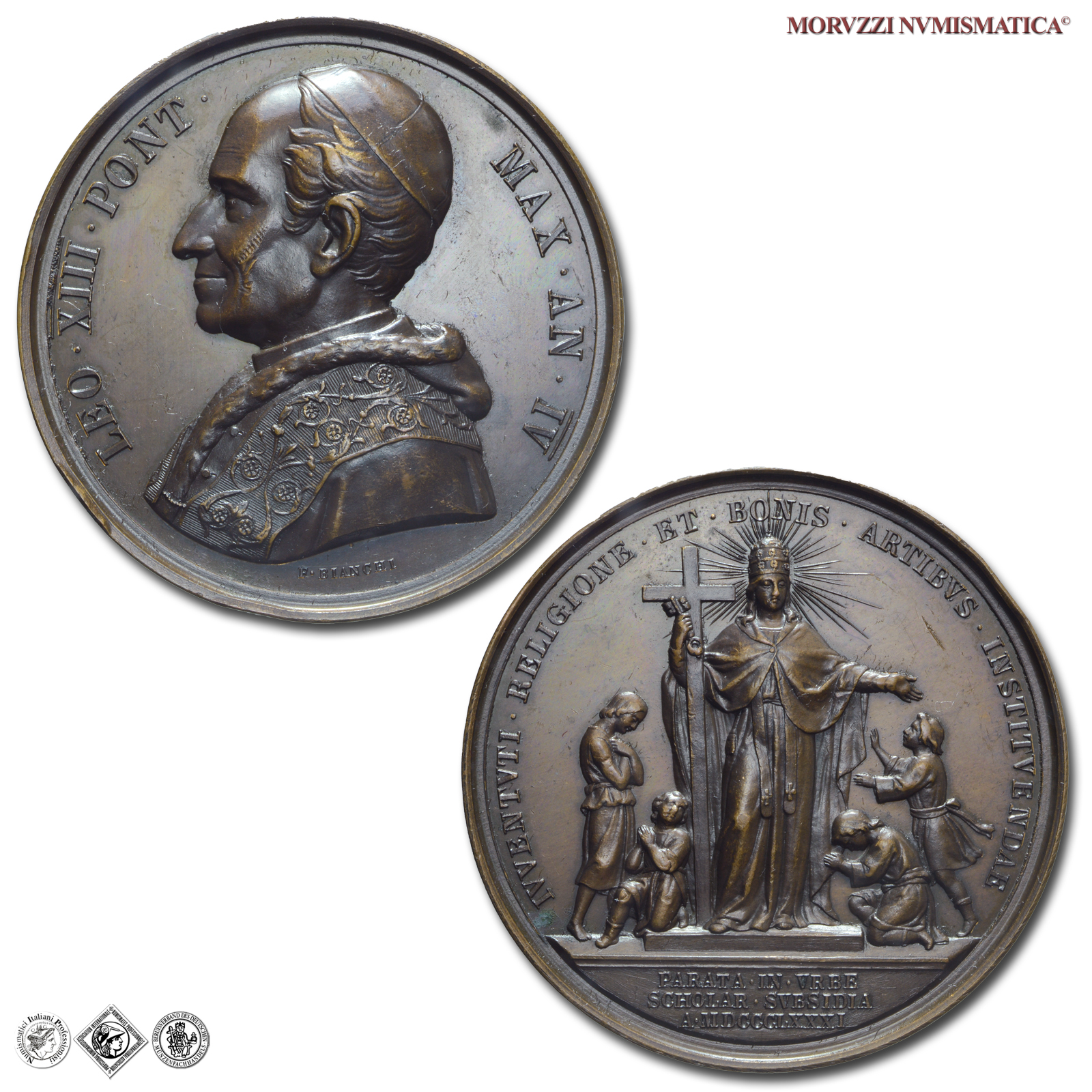 Stato Pontificio, LEONE XIII, Pecci, MEDAGLIA ANNUALE IN BRONZO, 1881 AN IV, Istituzione in Vaticano della Scuola delle Belle Arti, Opus Francesco Bianchi, qFDC, (R), (Bartolotti E881) / medaglie papali annuali rare (medaglie pontificie da collezione) | Moruzzi Numismatica
