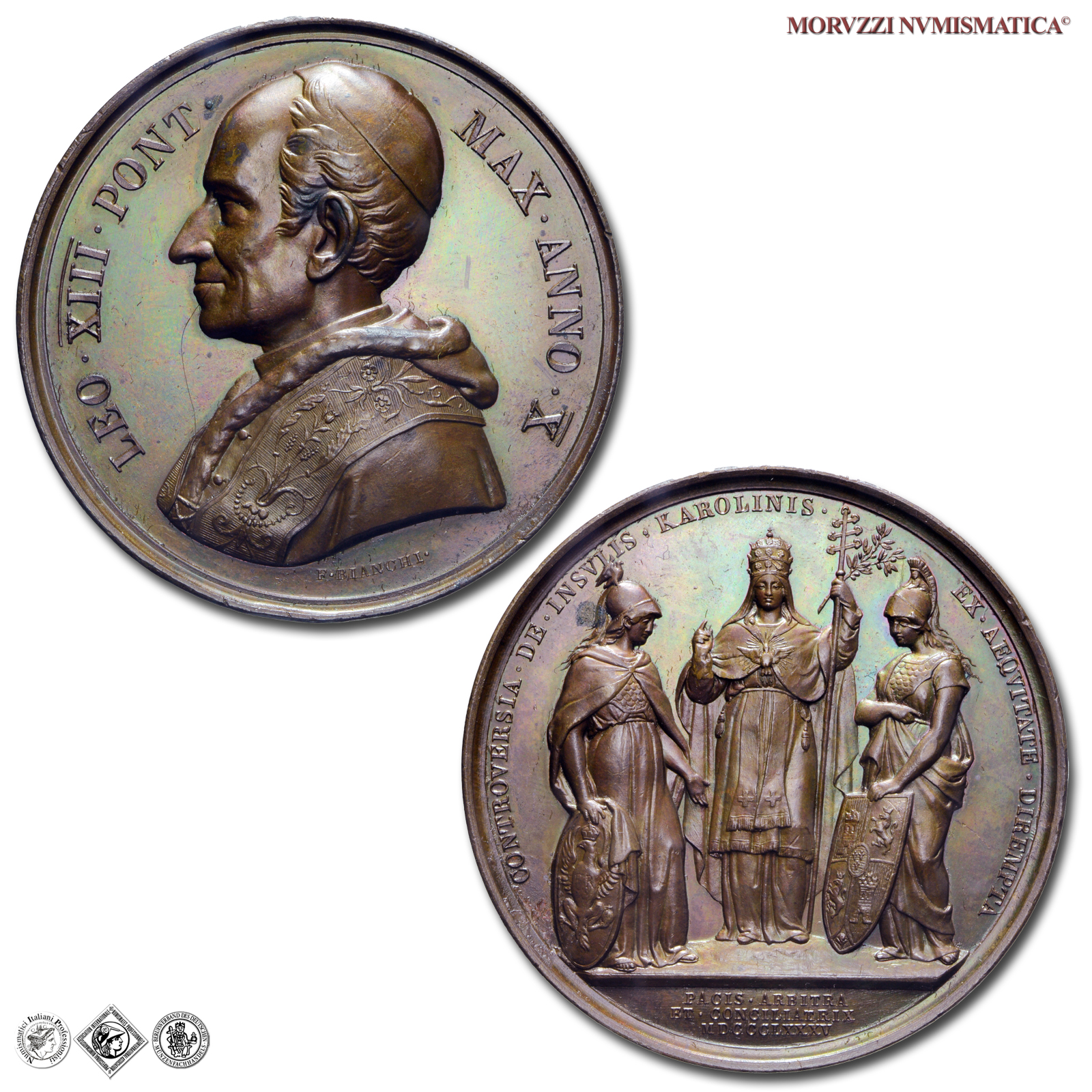 Stato Pontificio, LEONE XIII, Pecci, MEDAGLIA ANNUALE IN BRONZO, 1887 ANNO X, Controversia per le Isole Caroline, Opus Francesco Bianchi, FDC, (R), (Bartolotti E887) / medaglie papali rare (medaglie pontificie annuali da collezione) | Moruzzi Numismatica