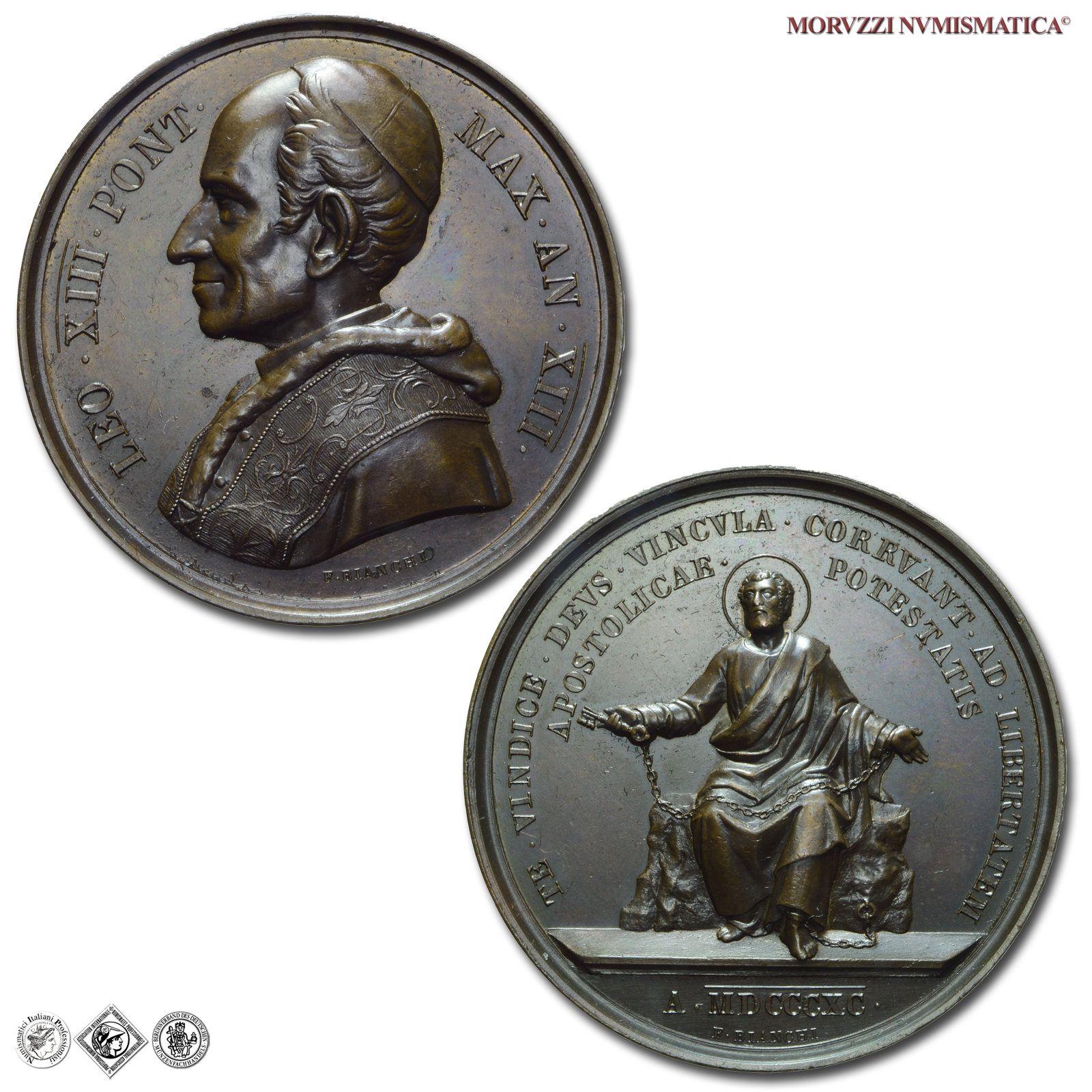 Stato Pontificio, LEONE XIII, Pecci, MEDAGLIA ANNUALE IN BRONZO, 1890 AN XIII, Libertà del Ministero Apostolico, Opus Francesco Bianchi, mSPL, (R), (Bartolotti E890) / medaglie papali annuali rare (medaglie pontificie da collezione) | Moruzzi Numismatica