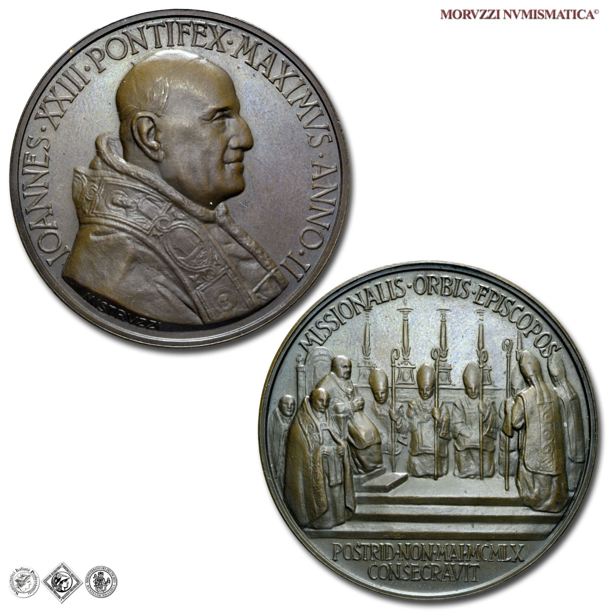 Città del Vaticano, GIOVANNI XXIII, Roncalli, MEDAGLIA ANNUALE IN BRONZO, 1960 ANNO II, Consacrazione di vescovi missionari, Opus Aurelio Mistruzzi, FDC, (NC), (Bartolotti E960) / medaglie papali pontificie annuali da collezione | Moruzzi Numismatica