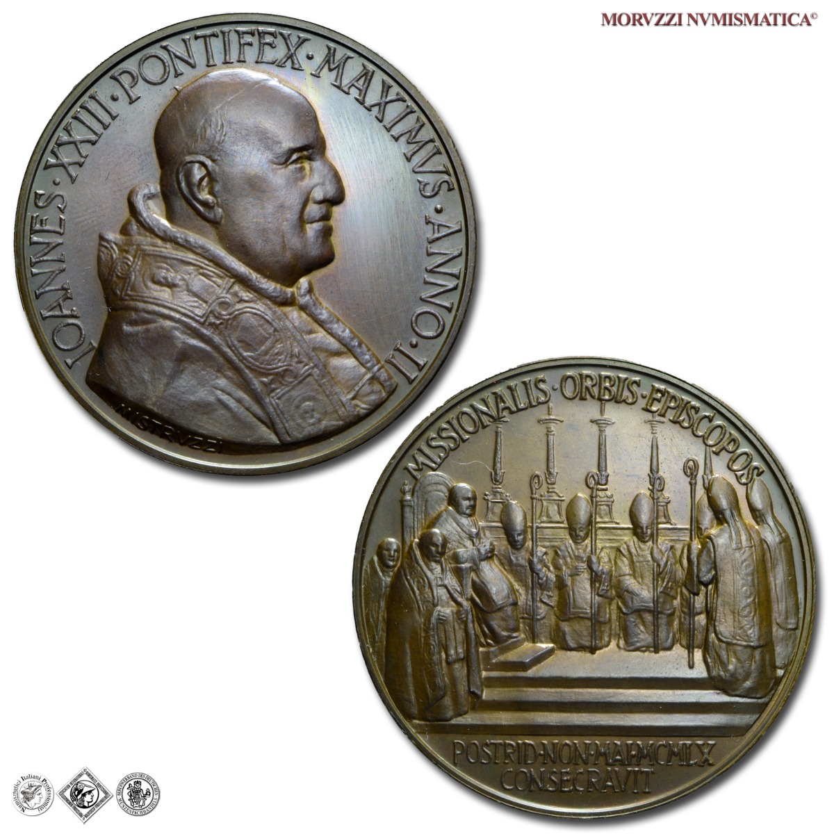 Città del Vaticano, GIOVANNI XXIII, Roncalli, MEDAGLIA ANNUALE IN BRONZO, 1960 ANNO II, Consacrazione di vescovi missionari, Opus Aurelio Mistruzzi, FDC, (NC), (Bartolotti E960) / medaglie papali pontificie annuali da collezione | Moruzzi Numismatica
