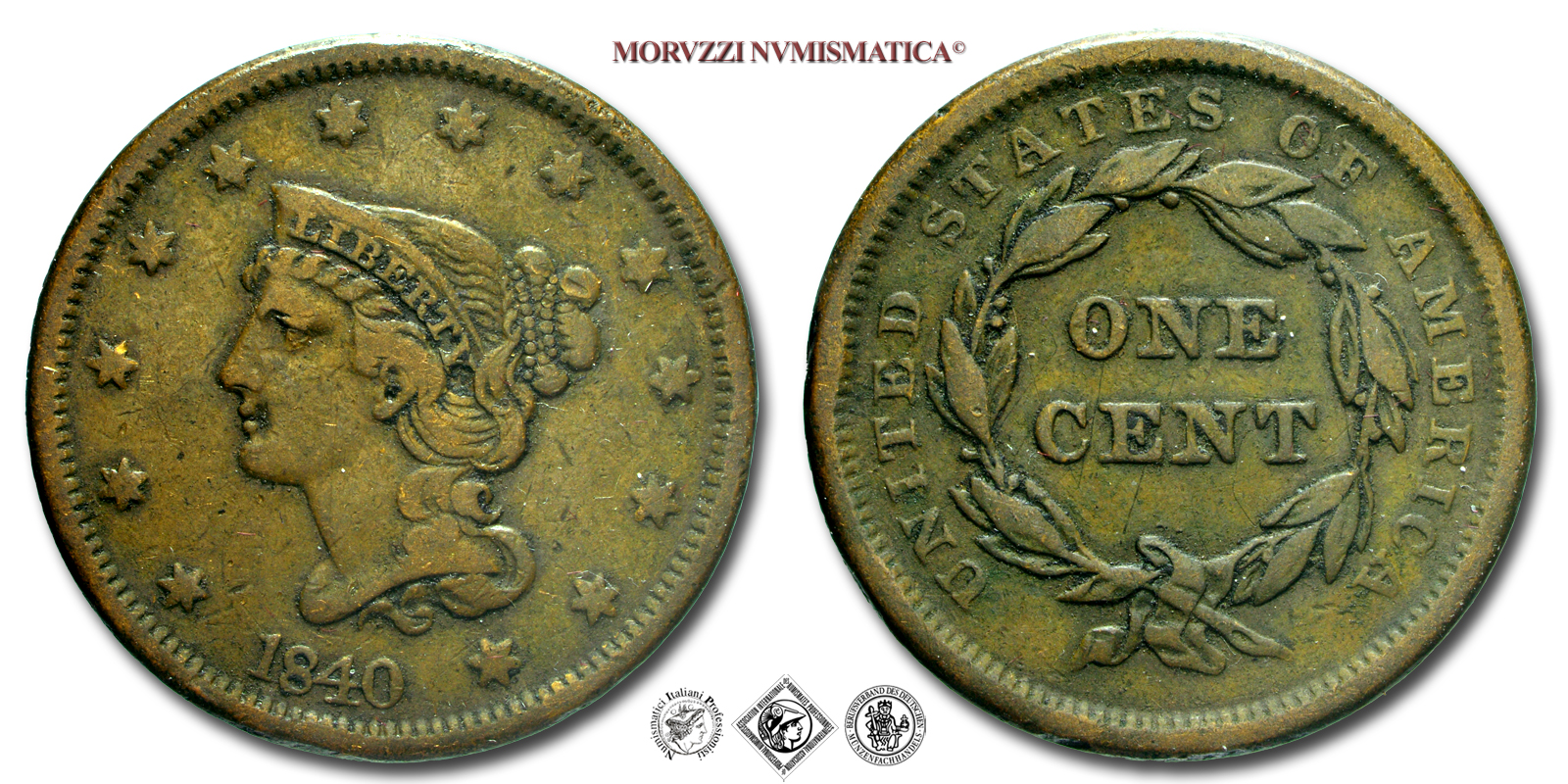 Stati Uniti d'America, CENTESIMO, Braided Hair Cent, 1840, Zecca di Philadelphia, RAME, BB, (KM 67) / USA - United States of America (WORLD COPPER COINS - monete mondiali americane moderne - moneta mondiale americana moderna) | Moruzzi Numismatica