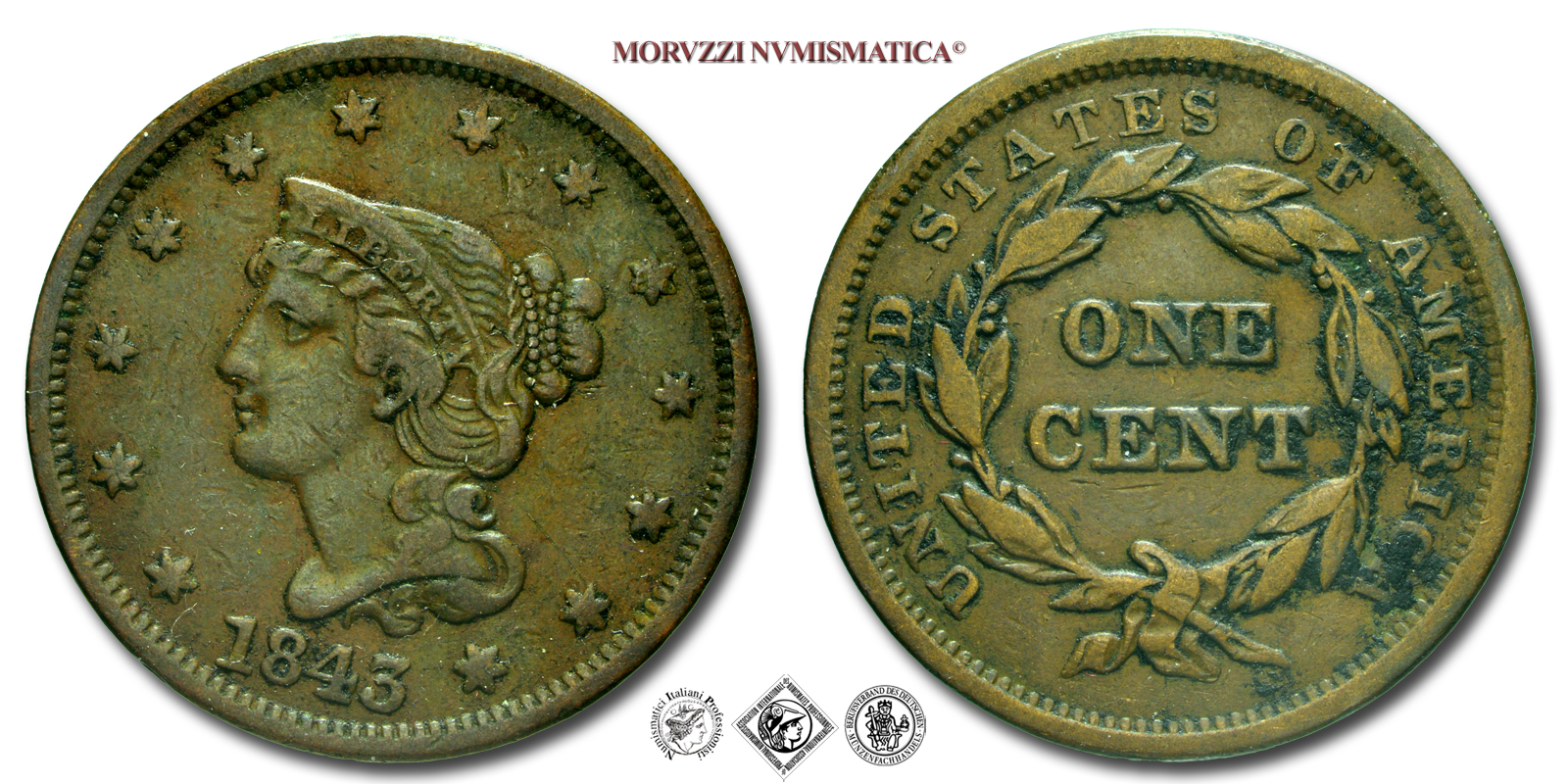 Stati Uniti d'America, CENTESIMO, Braided Hair Cent, 1843, Zecca di Philadelphia, RAME, BB, (KM 67) / USA - United States of America (WORLD COPPER COINS - monete mondiali americane moderne - moneta mondiale americana moderna) | Moruzzi Numismatica