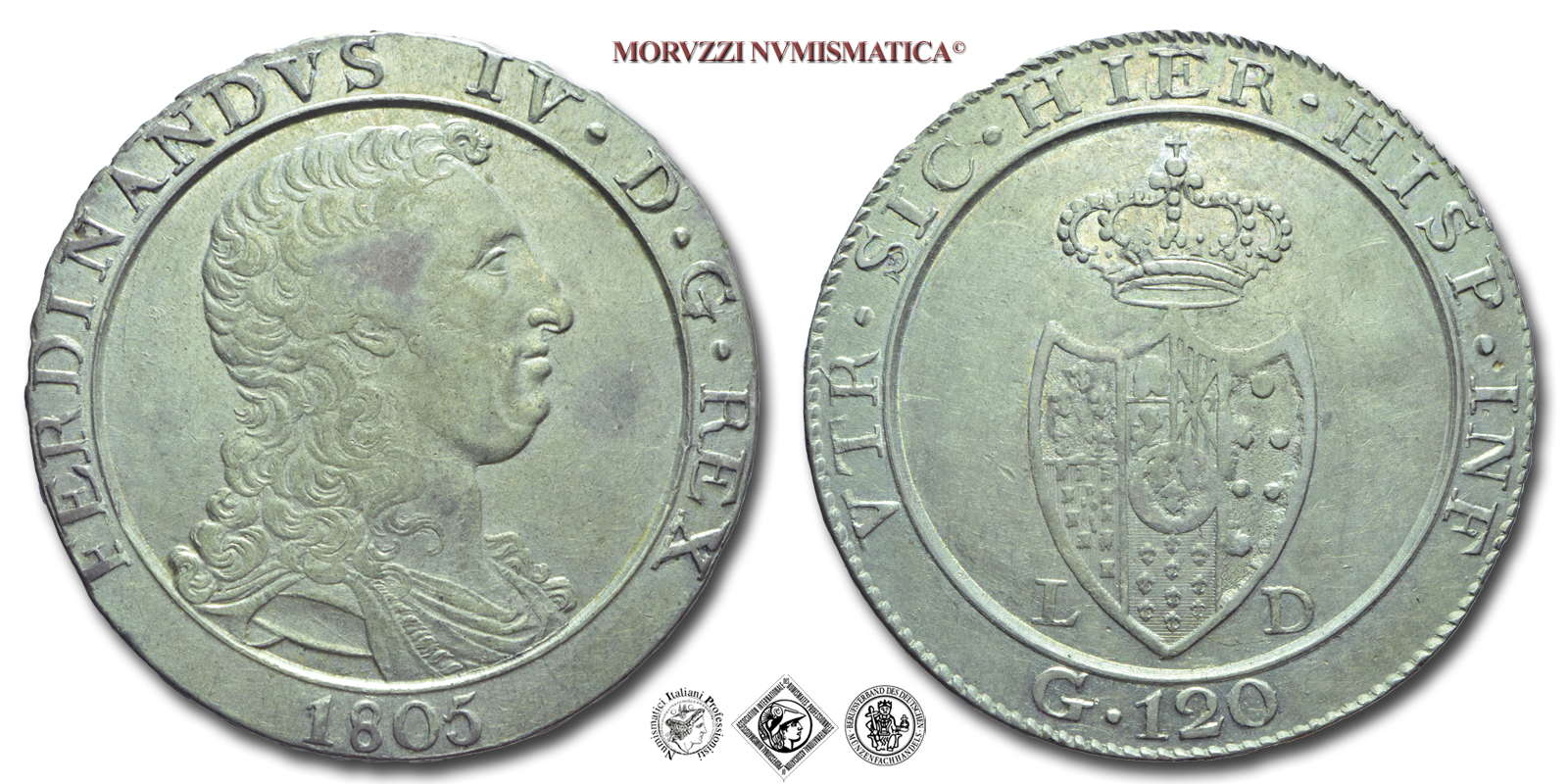 Regno di Napoli, FERDINANDO IV DI BORBONE, 120 GRANA, 1805, Zecca di Napoli, ARGENTO, qSPL, (Pannuti-Riccio 9) / PIASTRA BORBONICA D'ARGENTO (monete italiane napoletane preunitarie moderne rare - moneta napoletana rara - piastre borboniche da collezione) | Moruzzi Numismatica