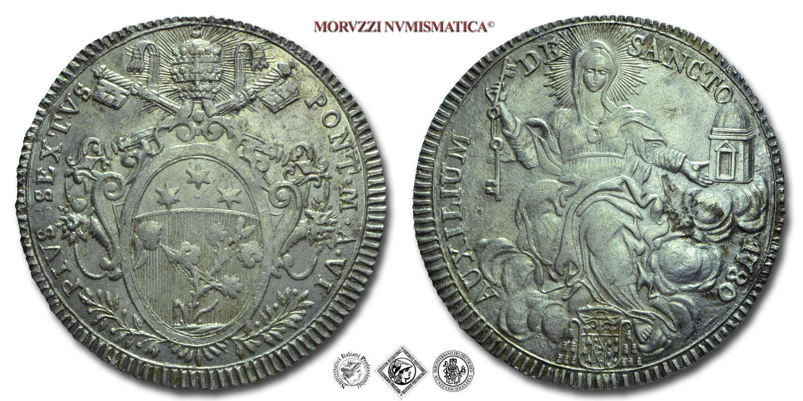 Stato Pontificio, PIO VI, Braschi, SCUDO ROMANO, 1780 A VI, AVXILIVM DE SANCTO La chiesa seduta su nubi, Zecca di Roma, ARGENTO, FDC, (R), (Muntoni 17) / monete papali pontificie rare d'argento da collezione | Moruzzi Numismatica