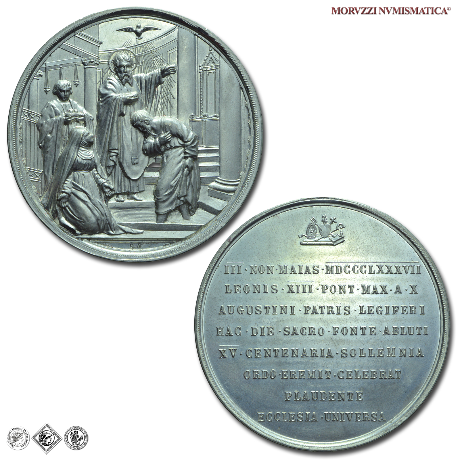 Stato Pontificio, LEONE XIII, Pecci, MEDAGLIA IN METALLO BIANCO, 1887 A X, XV centenario battesimo di Sant'Agostino e del Sacro Fonte dei Padri Agostiniani, Opus Stabilimento Stefano Johnson di Milano, FDC, (R) / medaglie papali rare (medaglie pontificie) | Moruzzi Numismatica