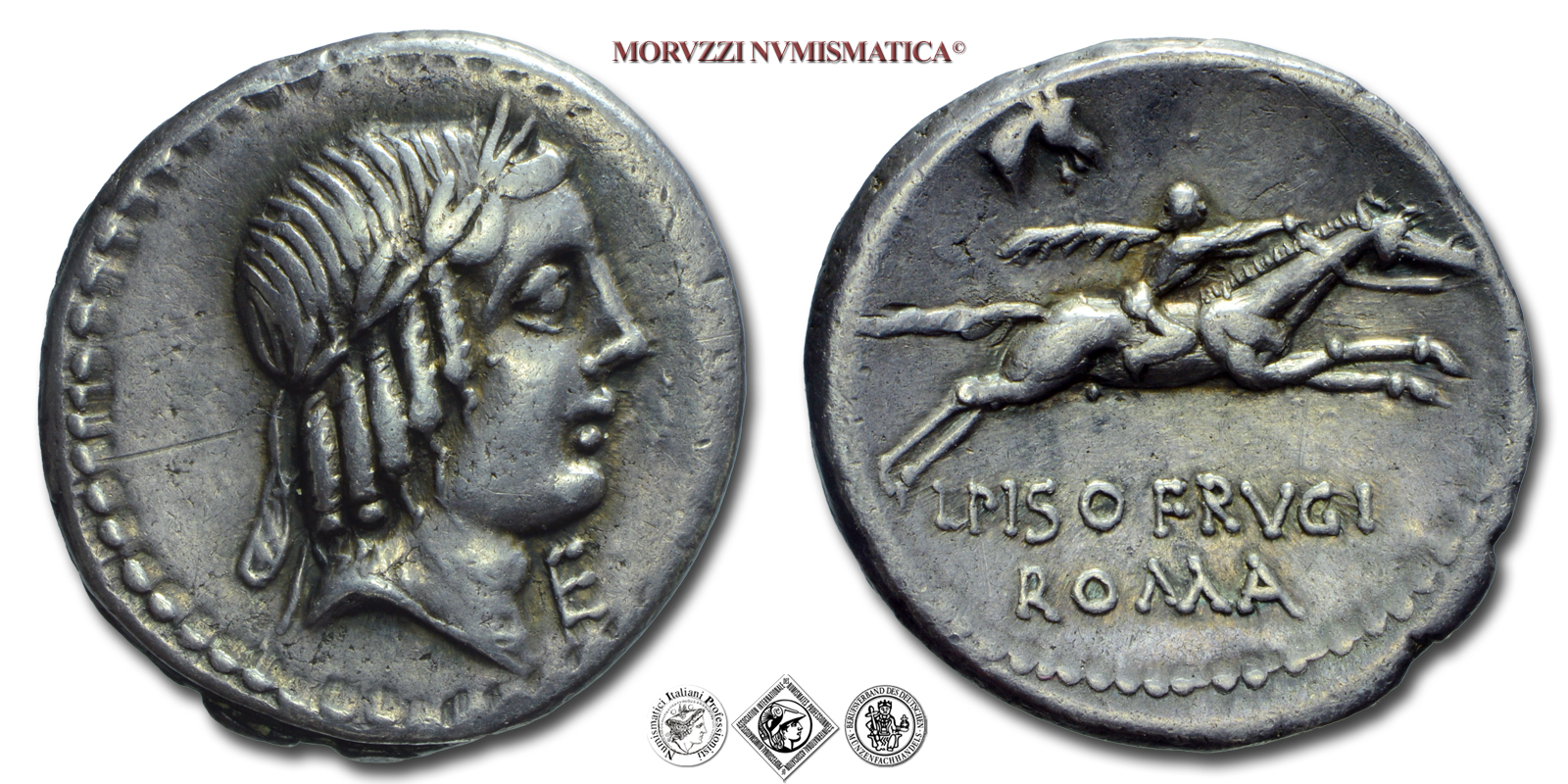 GENS CALPURNIA, L. Calpurnius Piso L.f. Frugi, DENARIO, 90 a.C., testa di Apollo laureato e sotto al mento lettera E / cavaliere con palma e in alto protome equina, Zecca di Roma, ARGENTO, mBB, (Crawford 340/1) / monete romane repubblicane d'argento | Moruzzi Numismatica