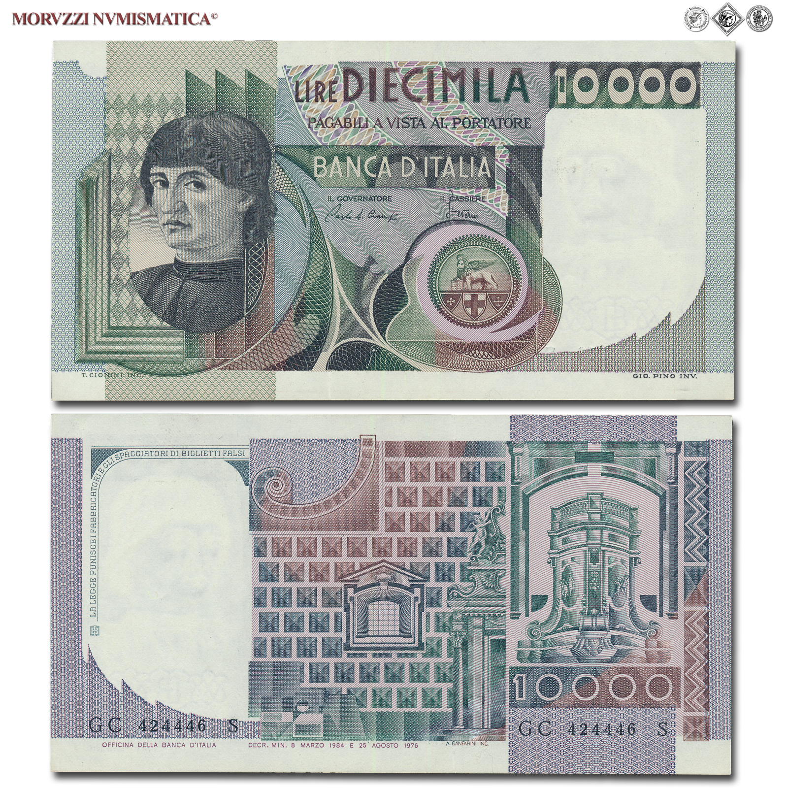 Repubblica Italiana, BANCA D'ITALIA, 10000 LIRE, 08.03.1984, Busto d'uomo del Castagno - Machiavelli, Firme: Ciampi, Stevani, FDS, (Crapanzano 584) / banconote italiane (cartamoneta italiana da collezione - banconota da 10.000 lire) | Moruzzi Numismatica
