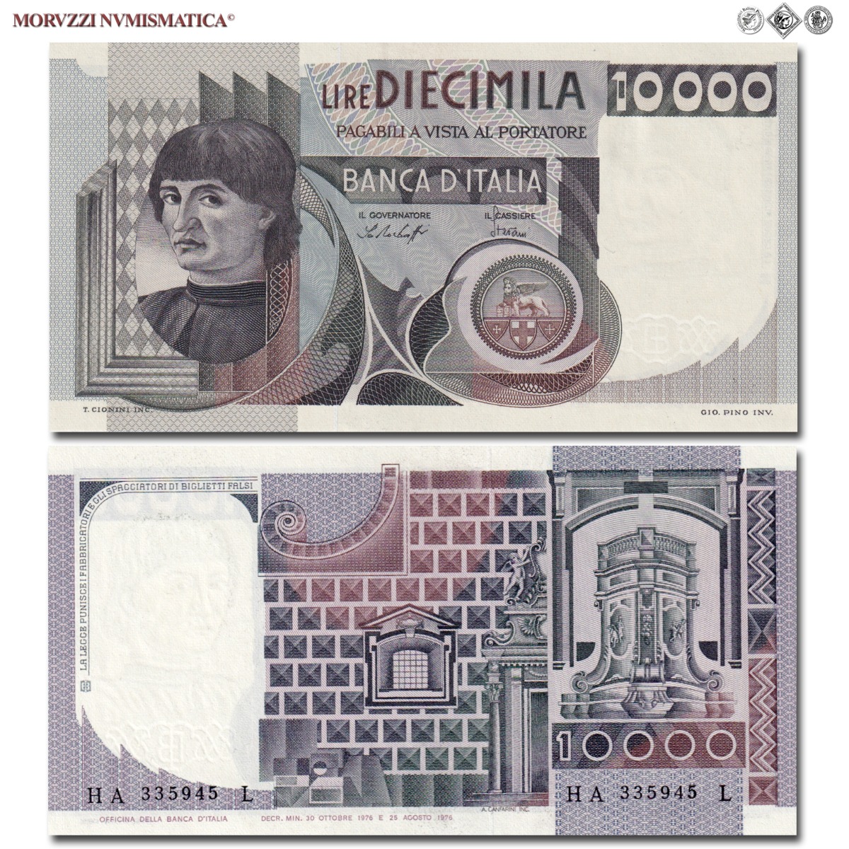 Repubblica Italiana, BANCA D'ITALIA, 10000 LIRE, 30.10.1976, Busto d'uomo del Castagno - Machiavelli, Firme: Baffi, Stevani, FDS, (Crapanzano 580) / banconote italiane (cartamoneta italiana da collezione - banconota da 10.000 lire) | Moruzzi Numismatica