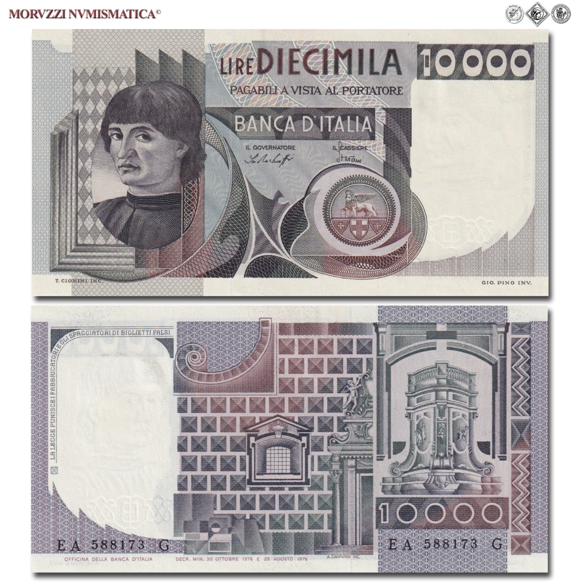 Repubblica Italiana, BANCA D'ITALIA, 10000 LIRE, 30.10.1976, Busto d'uomo del Castagno - Machiavelli, Firme: Baffi, Stevani, FDS, (Crapanzano 580) / banconote italiane (cartamoneta italiana da collezione - banconota da 10.000 lire) | Moruzzi Numismatica