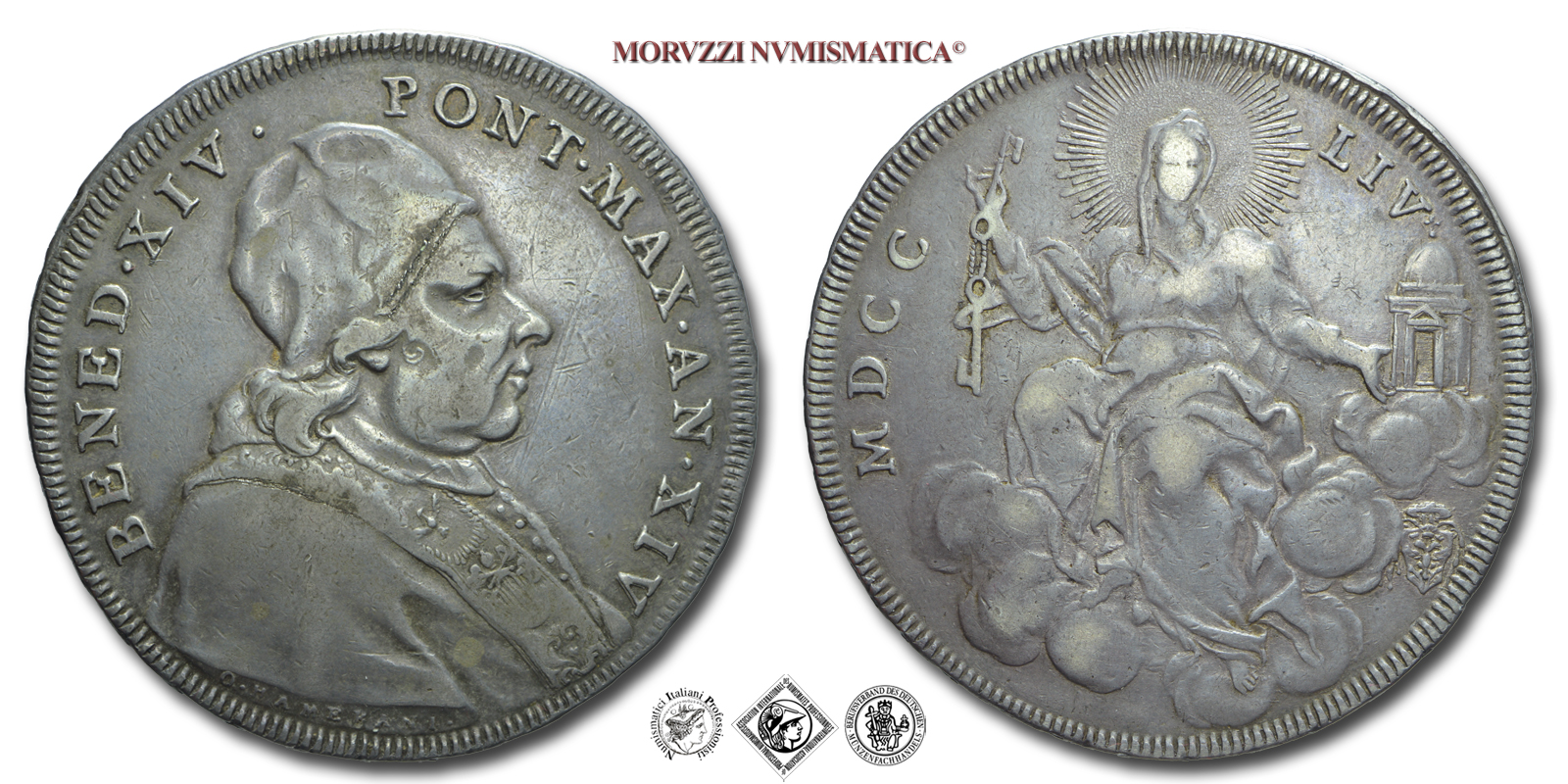 Stato Pontificio, BENEDETTO XIV, Lambertini, SCUDO ROMANO, 1754 AN XIV, Zecca di Roma, ARGENTO, BB, (R), (Muntoni 45) / monete papali pontificie rare d'argento (moneta papale pontificia rara da collezione)  | Moruzzi Numismatica