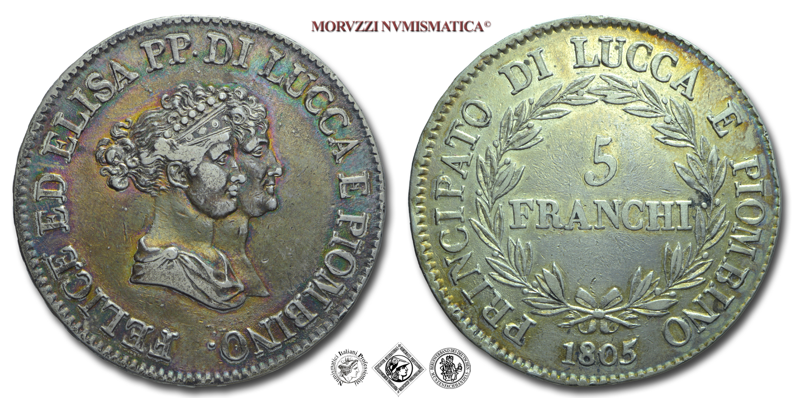Principato di Lucca e Piombino, ELISA BONAPARTE E FELICE BACIOCCHI, FRANCHI 5, busti piccoli, 1805, Zecca di Firenze, ARGENTO, mBB, (R), (Pagani 251) / monete italiane napoleoniche rare d'argento (moneta italiana napoleonica rara da collezione) | Moruzzi Numismatica