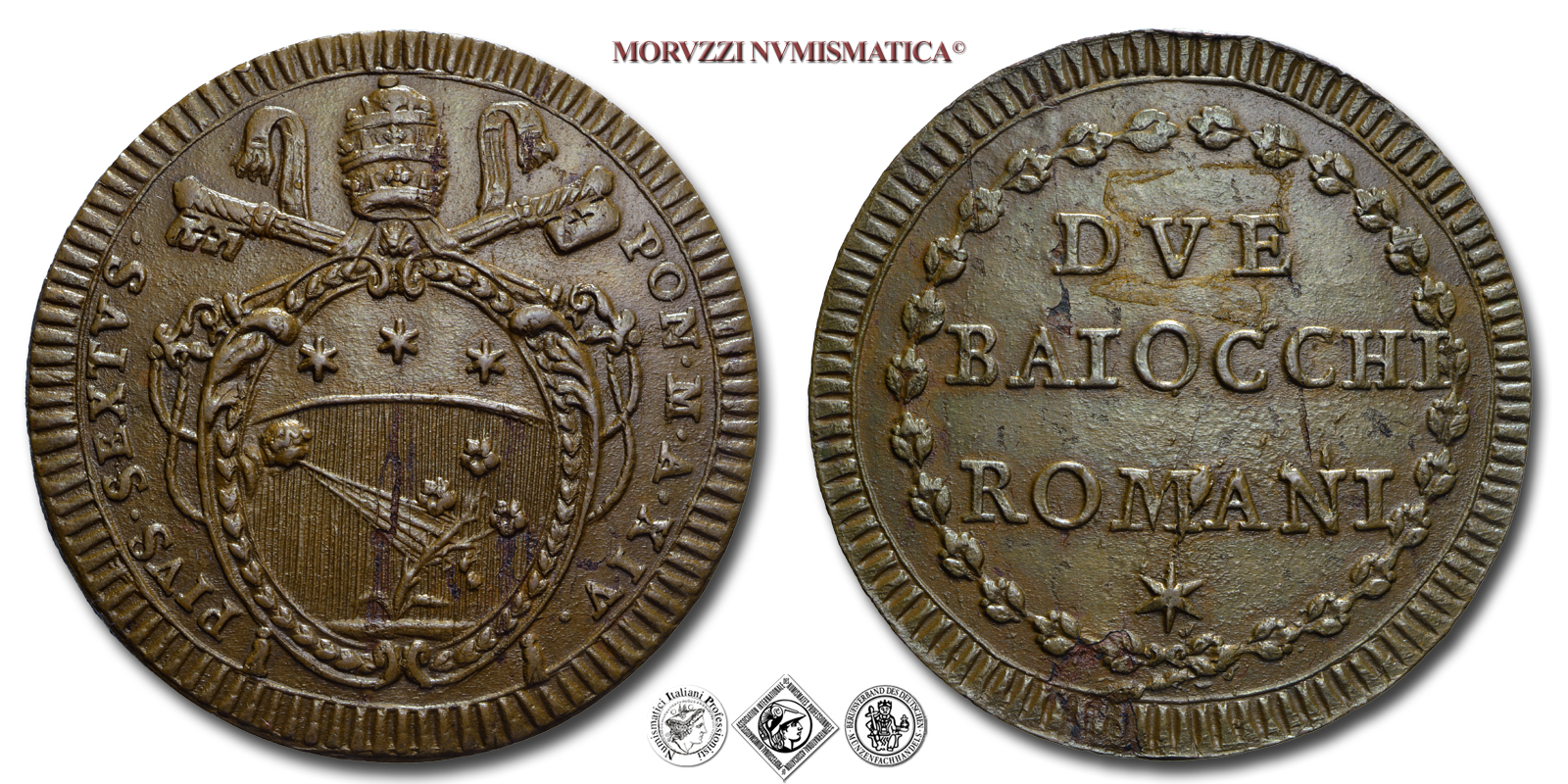 Stato Pontificio, PIO VI, Braschi, 2 BAIOCCHI ROMANI, A. XIV, Zecca di Roma, RAME, mSPL, (Muntoni 105) / monete papali pontificie (moneta papale pontificia da collezione) | Moruzzi Numismatica