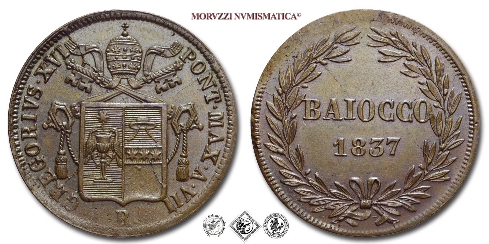 Stato Pontificio, GREGORIO XVI, Cappellari, BAIOCCO, 1837 A VII, Zecca di Roma, RAME, FDC, (Pagani 264) / monete papali pontificie da collezione | Moruzzi Numismatica